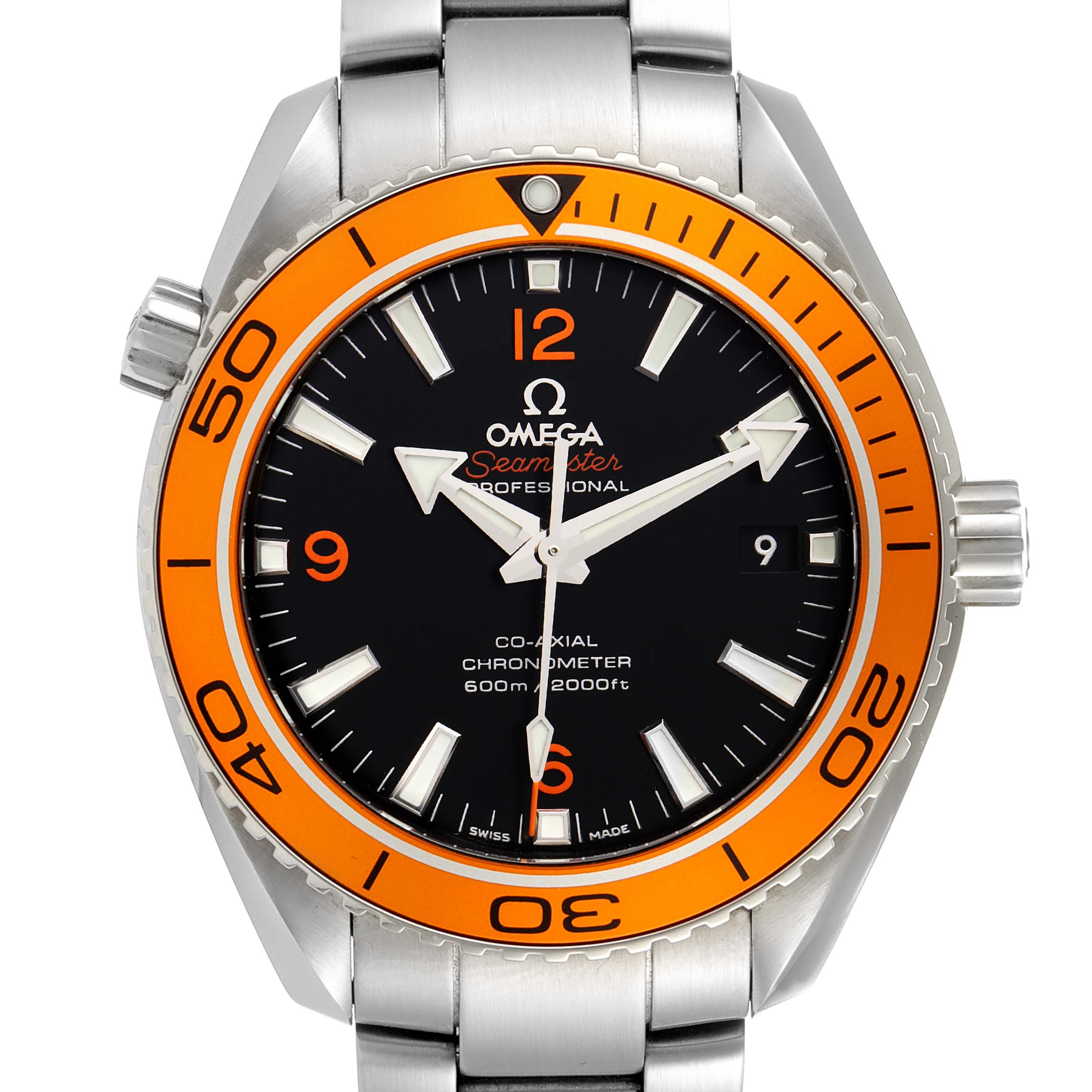 The image shows a front view of the Omega Planet Ocean 232.30.42.21.01.002 Men's Stainless Steel Black Dial 232.30.42.21.01.002 Men's Stainless Steel Black Dial Seamaster watch, showcasing its face, bezel, and part of the bracelet.