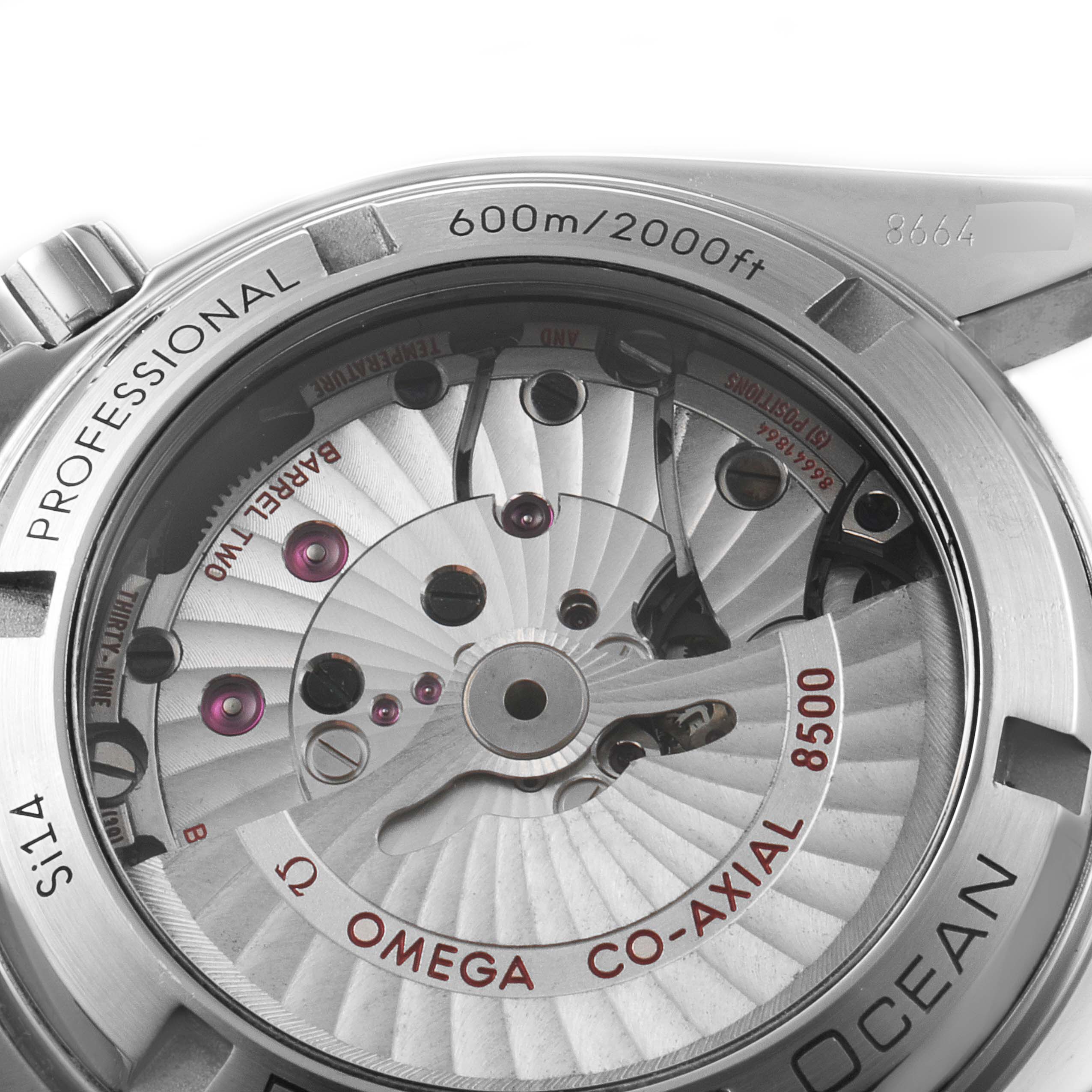 This image shows the back view of an Omega Planet Ocean 232.30.42.21.01.002 Men's Stainless Steel Black Dial 232.30.42.21.01.002 Men's Stainless Steel Black Dial watch, highlighting its internal mechanical movement.