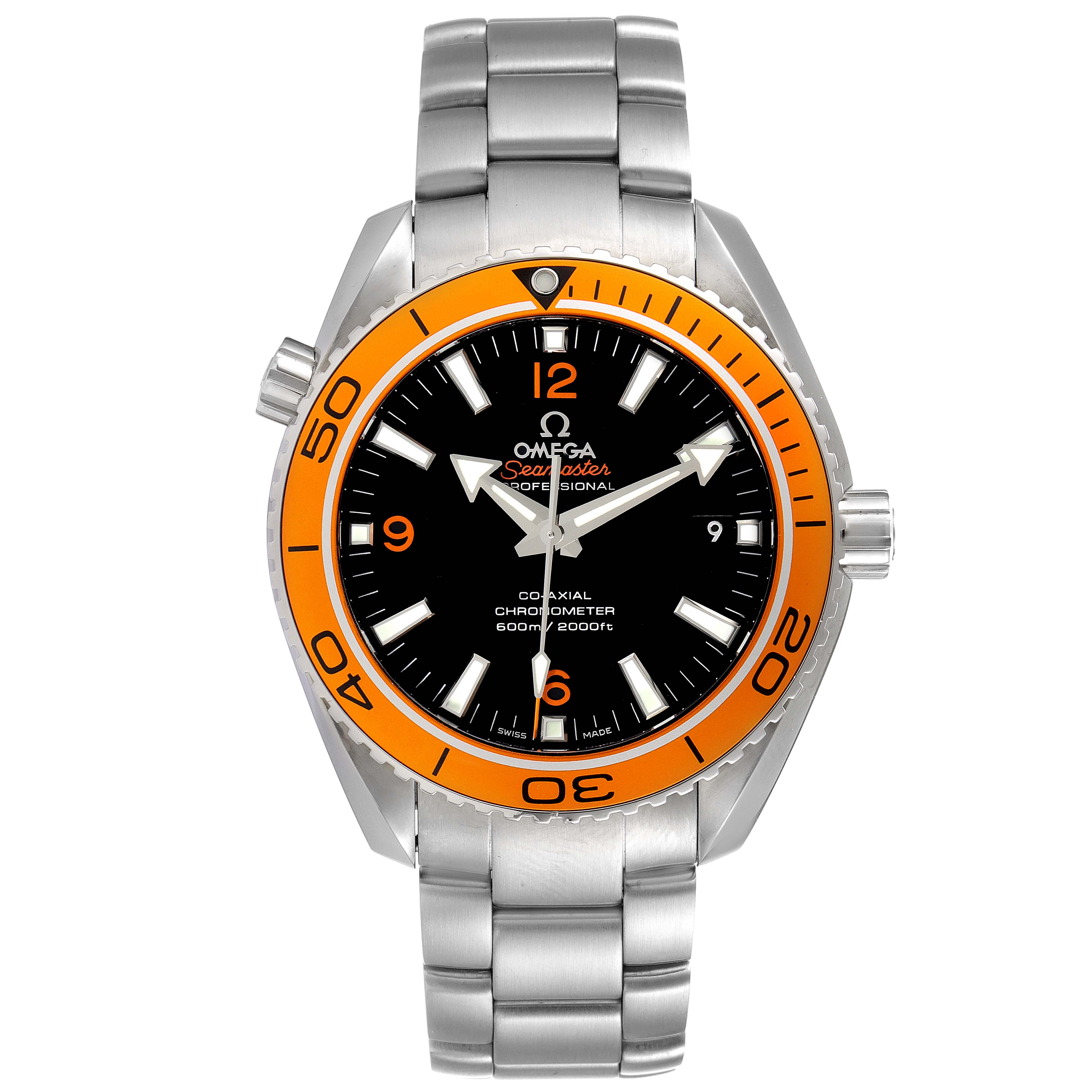 This image shows a front view of the Omega Planet Ocean 232.30.42.21.01.002 Men
s Stainless Steel Black Dial 232.30.42.21.01.002 Men
s Stainless Steel Black Dial watch, featuring an orange bezel and stainless steel bracelet.