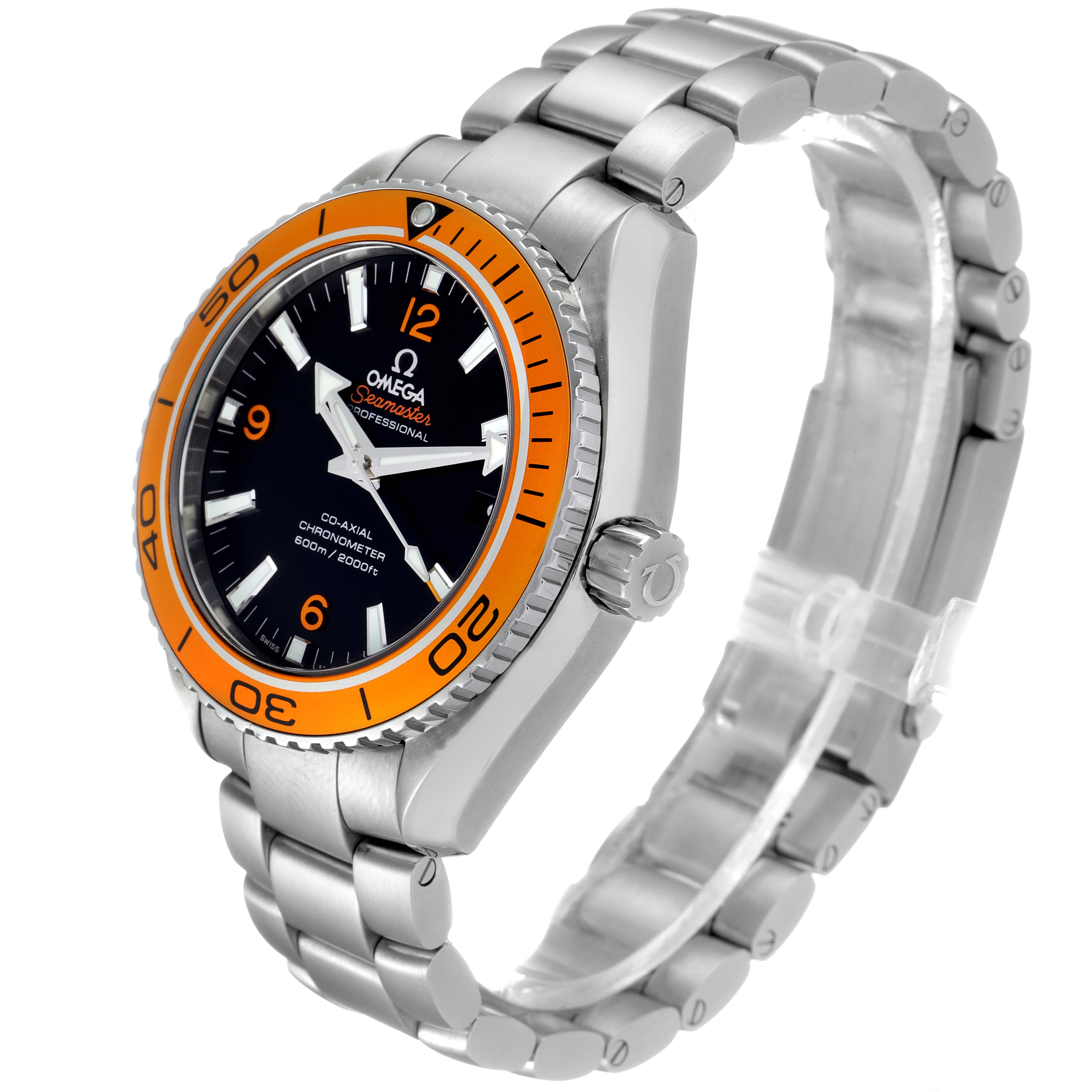 The Omega Planet Ocean 232.30.42.21.01.002 Men
s Stainless Steel Black Dial 232.30.42.21.01.002 Men
s Stainless Steel Black Dial watch is shown at an angled side-view, displaying its orange bezel, black dial, and stainless steel bracelet.
