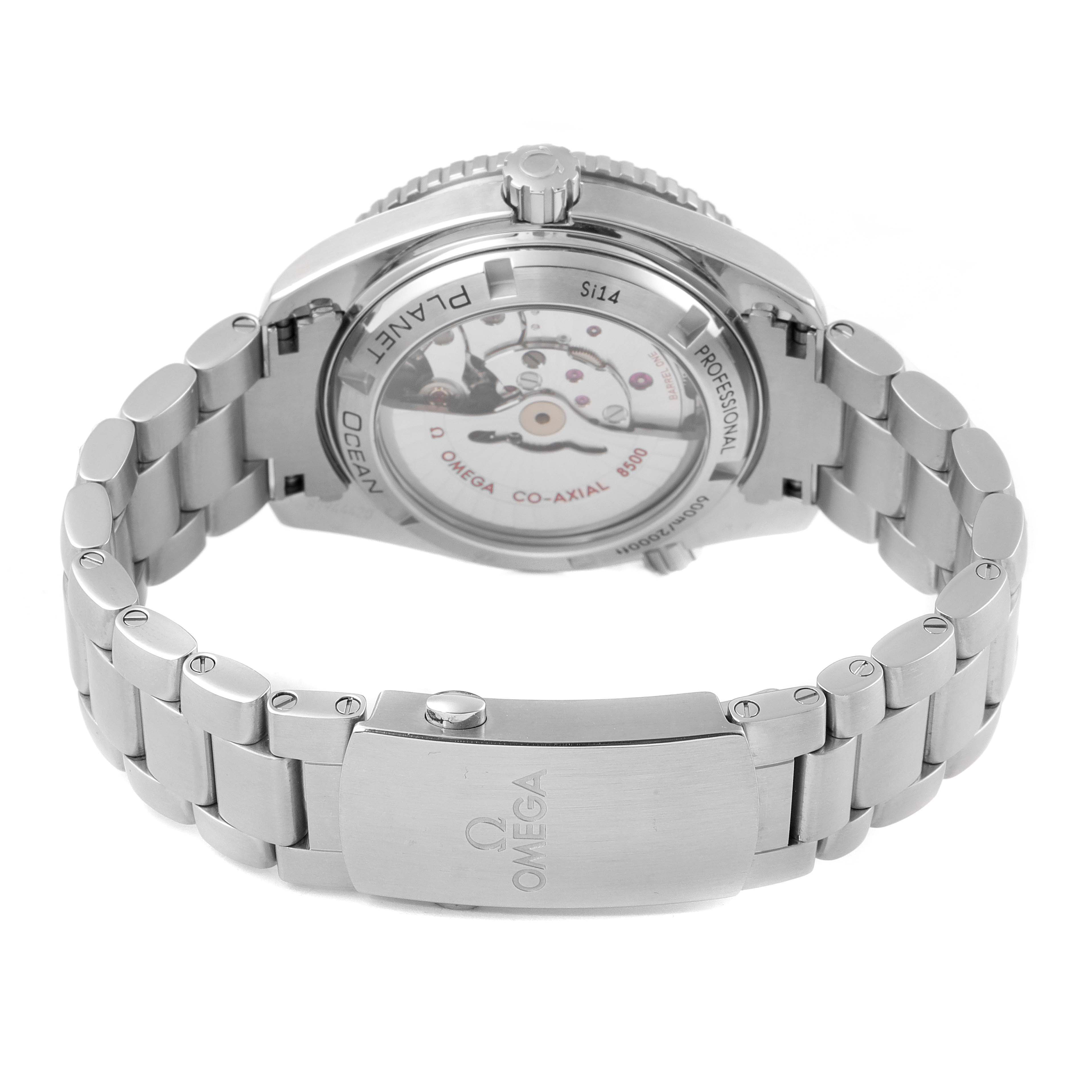 The image shows the back view of an Omega Planet Ocean 232.30.42.21.01.002 Men
s Stainless Steel Black Dial 232.30.42.21.01.002 Men
s Stainless Steel Black Dial watch, displaying the clasp, bracelet, and case back with visible movement.