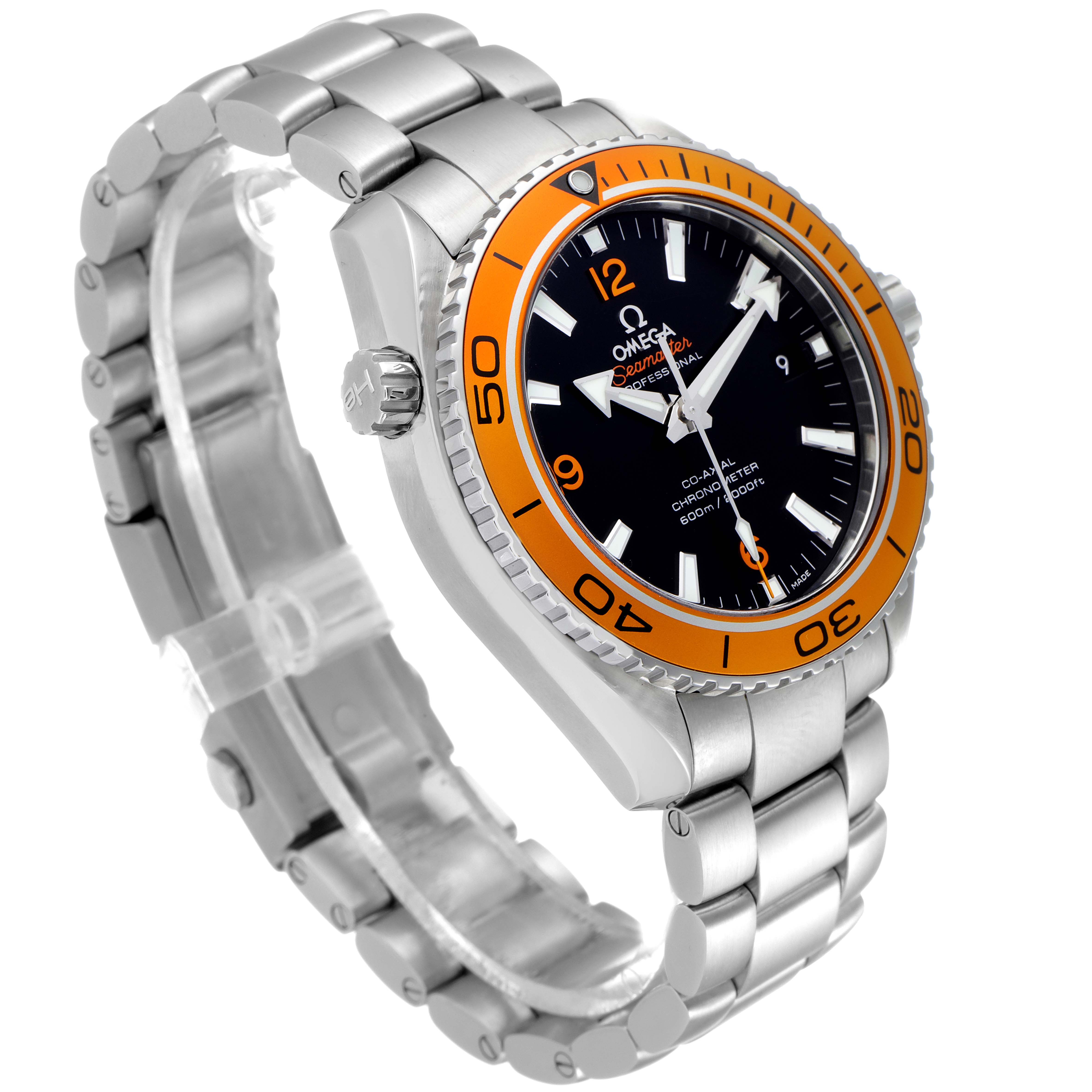 The image shows a side and front view of an Omega Planet Ocean 232.30.42.21.01.002 Men
s Stainless Steel Black Dial 232.30.42.21.01.002 Men
s Stainless Steel Black Dial watch, highlighting its orange bezel and metal bracelet.