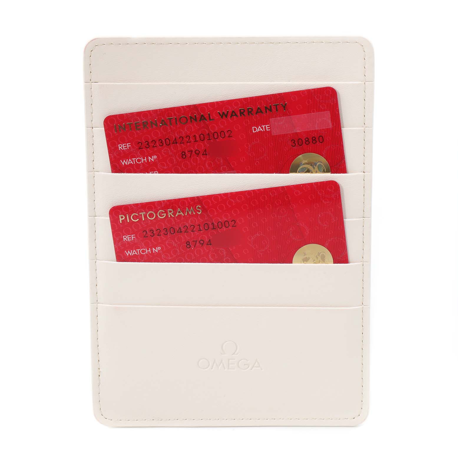 The image shows Omega Planet Ocean 232.30.42.21.01.002 Men
s Stainless Steel Black Dial 232.30.42.21.01.002 Men
s Stainless Steel Black Dial model warranty cards and pictogram cards in a white Omega cardholder.