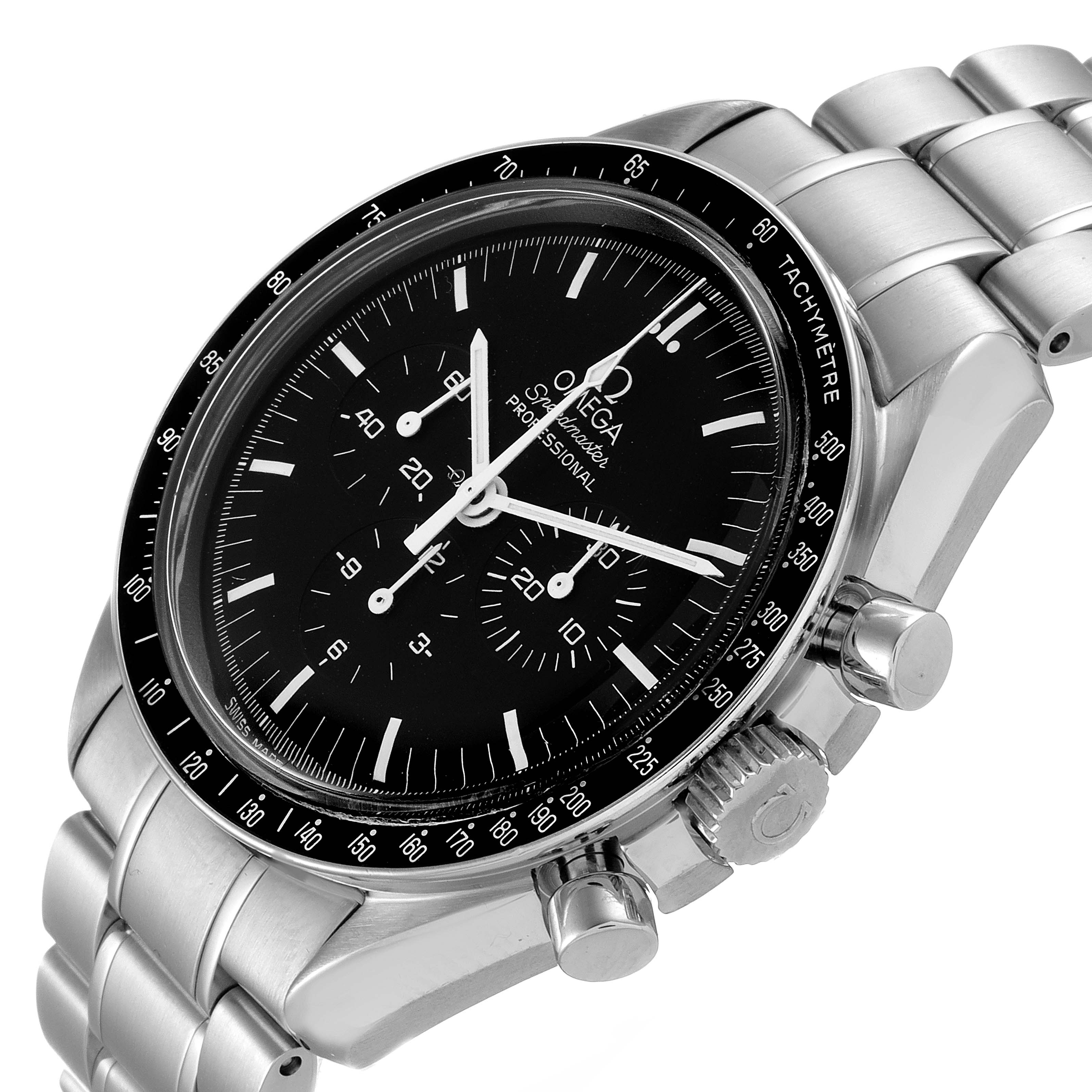 The Omega Speedmaster 3570.50.00 Men's Stainless Steel Black Dial 3570.50.00 Men's Stainless Steel Black Dial watch is shown at a slight angle, displaying the black dial, chronograph subdials, crown, pushers, and metal bracelet.