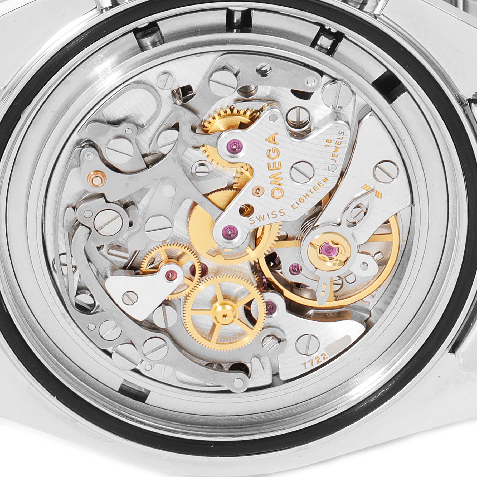 This image shows the inner mechanical movement of an Omega Speedmaster 3570.50.00 Men's Stainless Steel Black Dial 3570.50.00 Men's Stainless Steel Black Dial watch, featuring gears and intricate components.