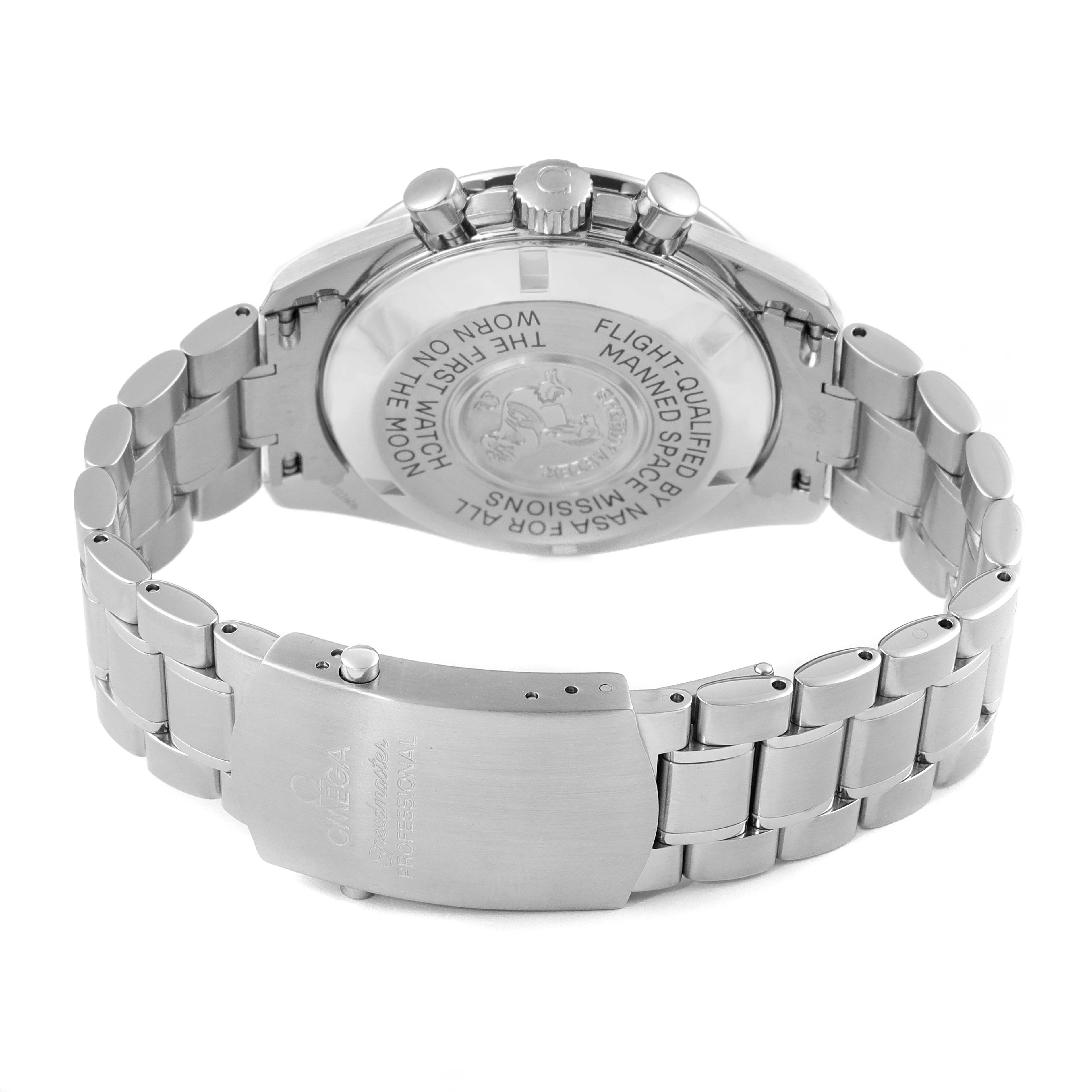 This image shows the back case and bracelet clasp of an Omega Speedmaster 3570.50.00 Men's Stainless Steel Black Dial 3570.50.00 Men's Stainless Steel Black Dial watch, displaying its inscriptions and metal links.