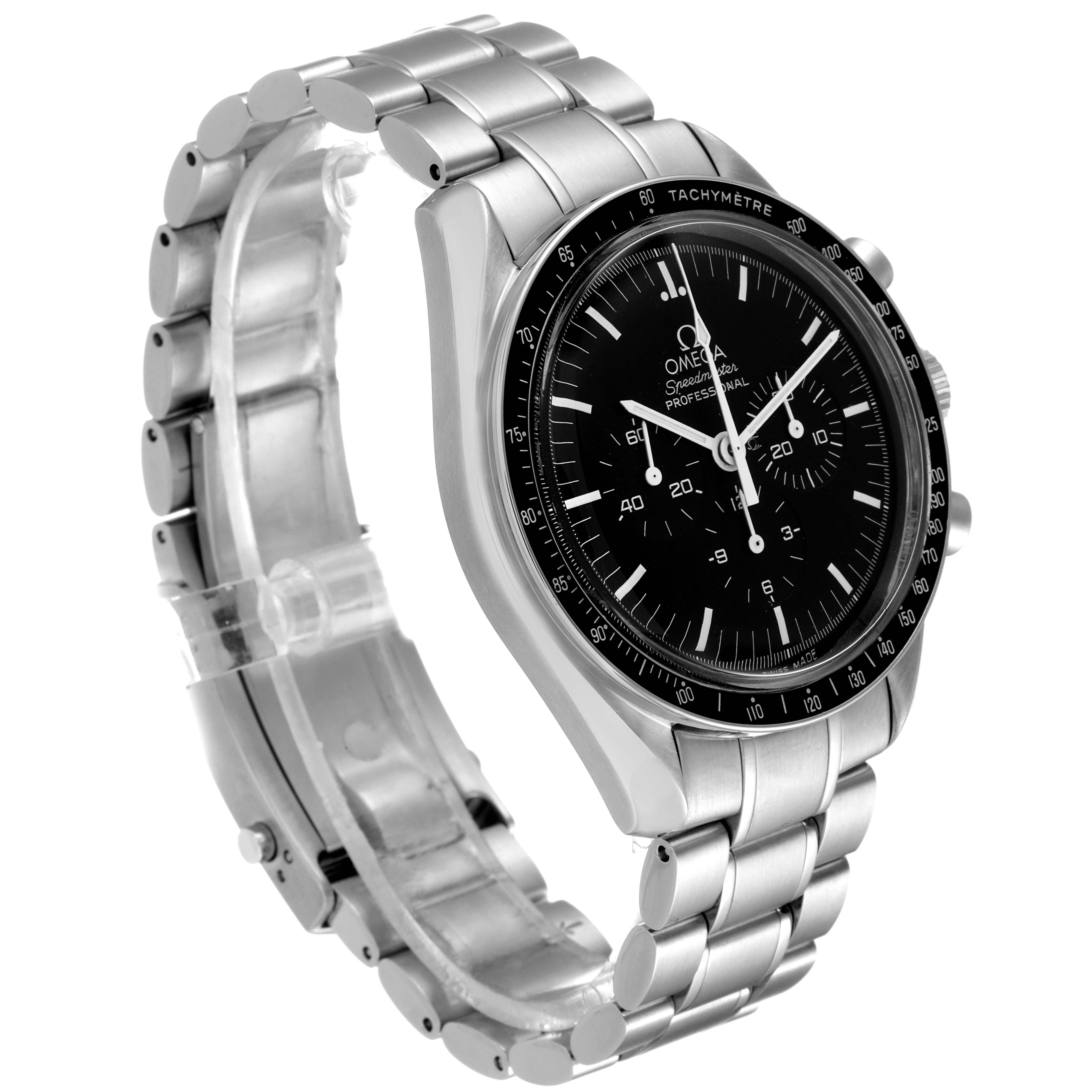 The image shows an Omega Speedmaster 3570.50.00 Men's Stainless Steel Black Dial 3570.50.00 Men's Stainless Steel Black Dial watch at a three-quarter angle, highlighting the face, bezel, and bracelet.