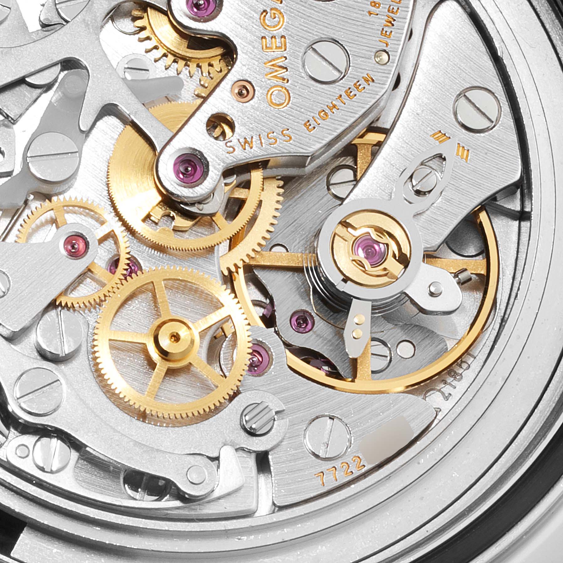 This image shows a close-up angle of the internal mechanical movement of the Omega Speedmaster 3570.50.00 Men's Stainless Steel Black Dial 3570.50.00 Men's Stainless Steel Black Dial watch.