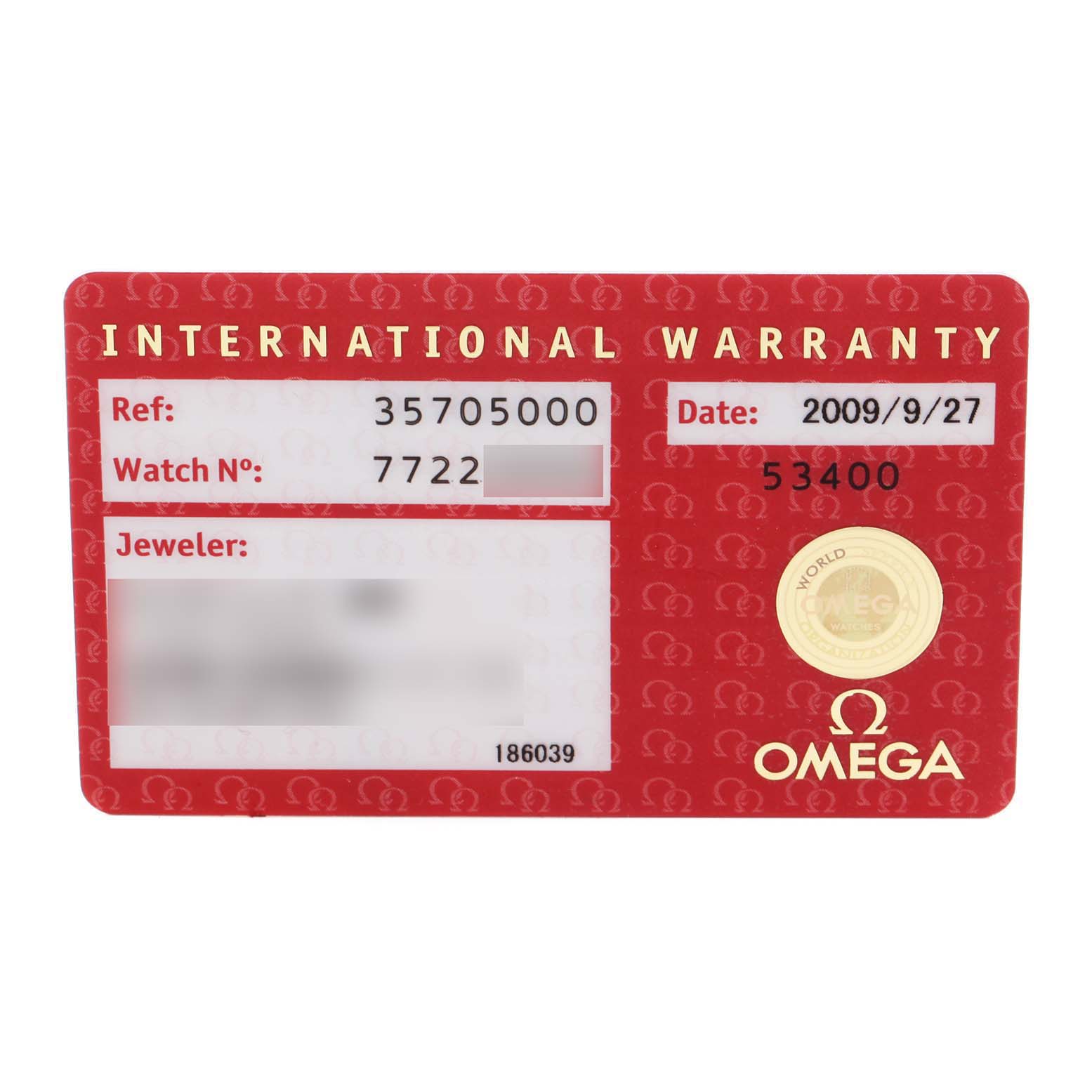 This image shows the international warranty card for the Omega Speedmaster 3570.50.00 Men's Stainless Steel Black Dial 3570.50.00 Men's Stainless Steel Black Dial model.