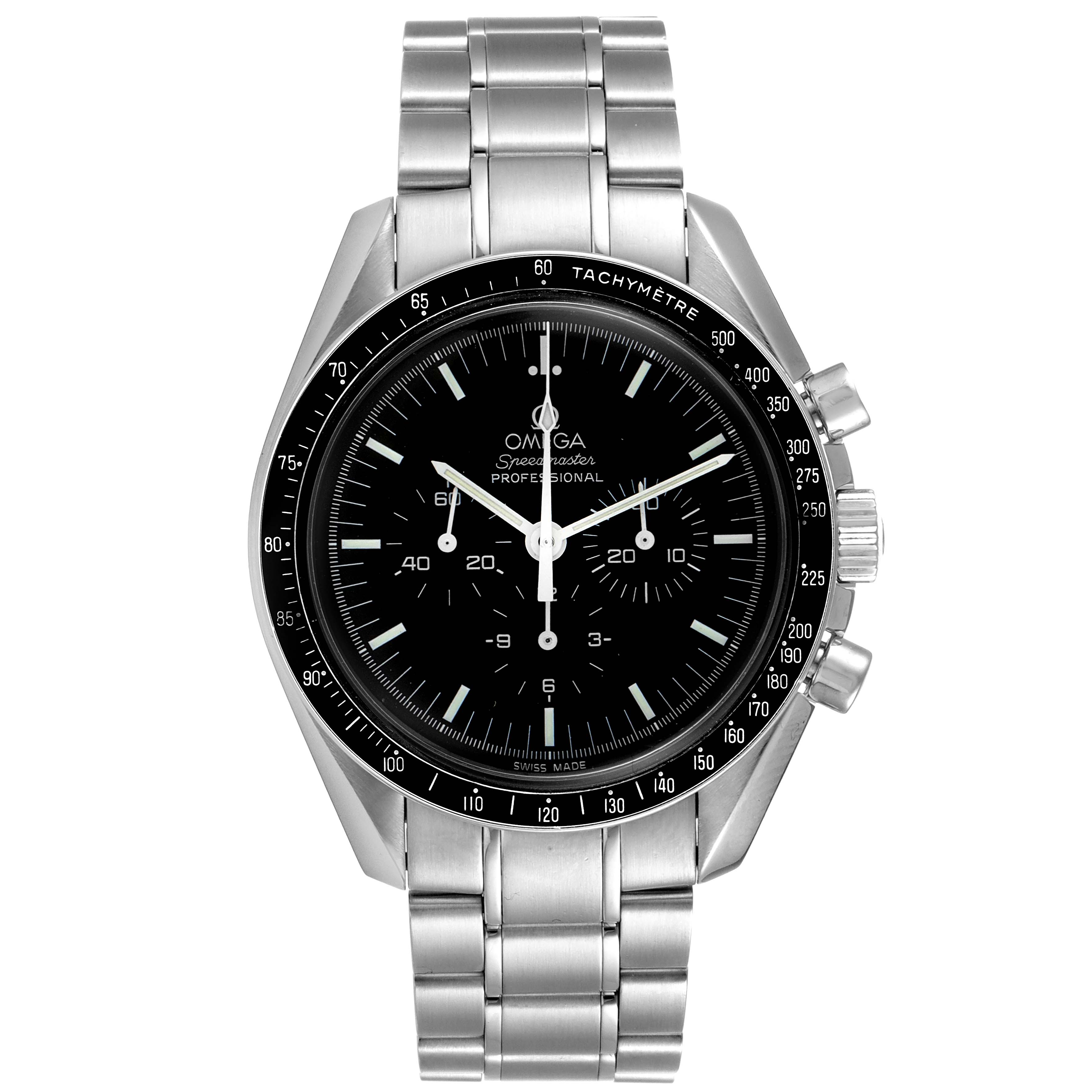 The image shows a front view of an Omega Speedmaster 3570.50.00 Men's Stainless Steel Black Dial 3570.50.00 Men's Stainless Steel Black Dial watch, featuring its dial, bezel, and stainless steel bracelet.