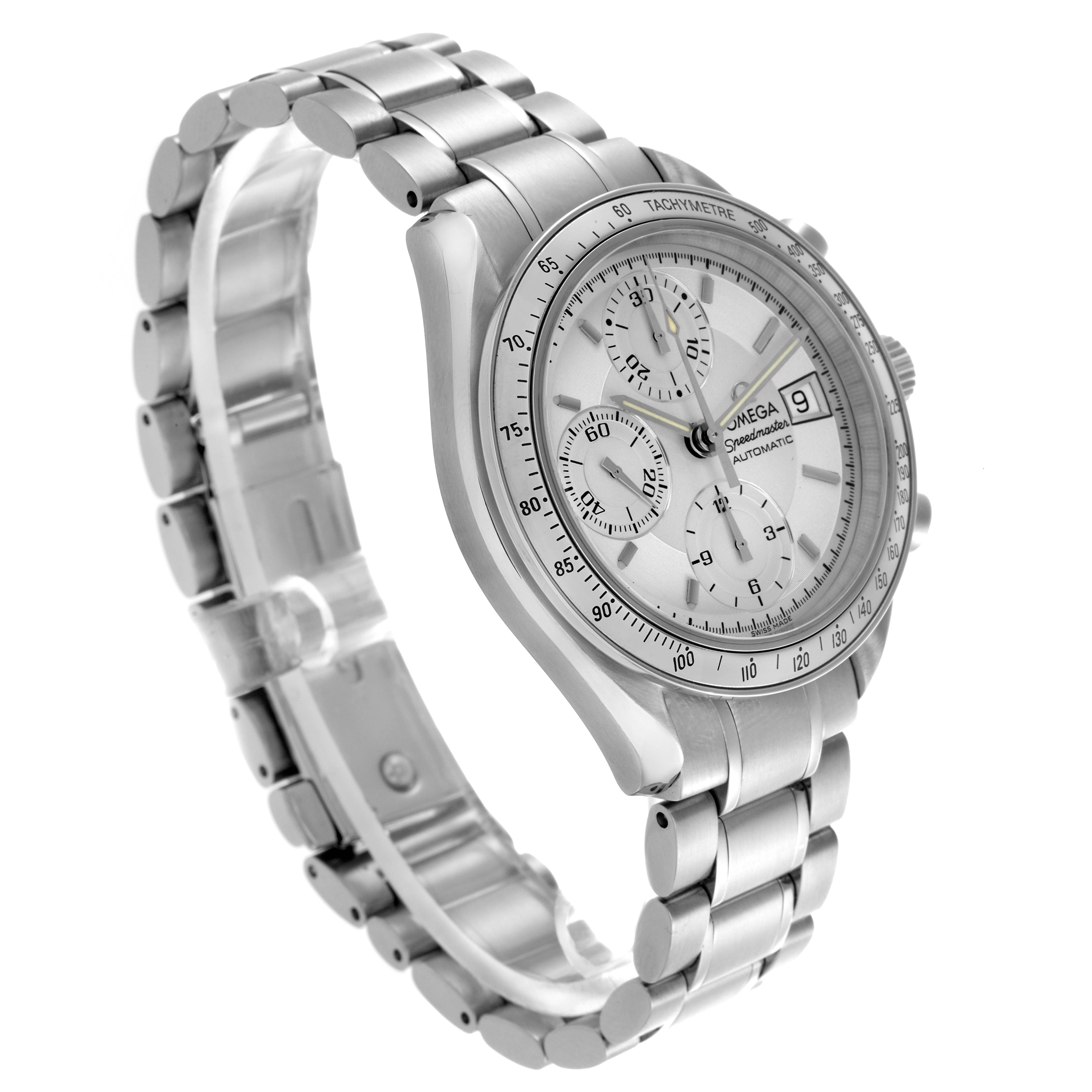 The Omega Speedmaster 3513.30.00 Men's Stainless Steel Silver Dial 3513.30.00 Men's Stainless Steel Silver Dial watch is shown from a three-quarter angle, displaying its bracelet, bezel, and dial with chronograph features.