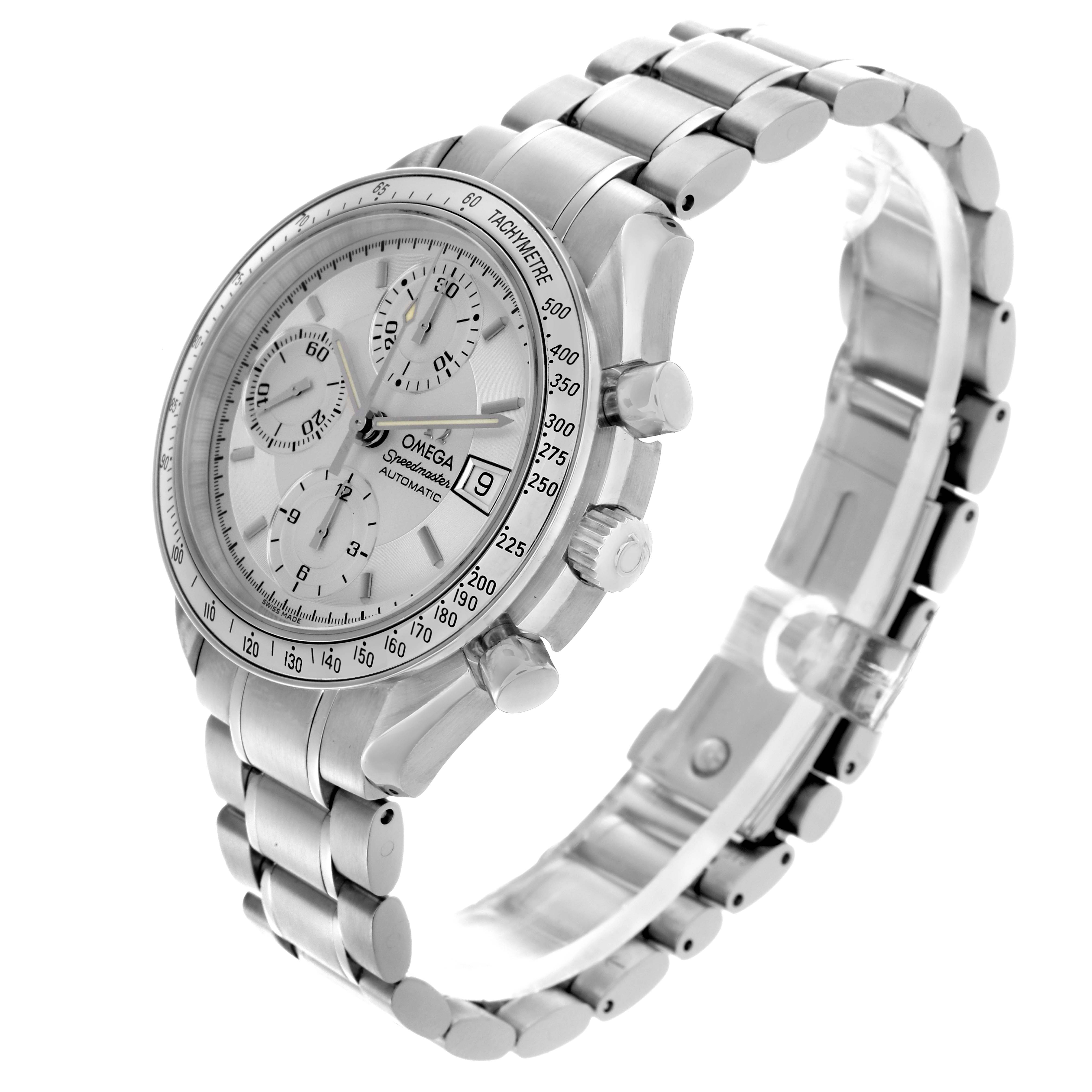 The Omega Speedmaster 3513.30.00 Men's Stainless Steel Silver Dial 3513.30.00 Men's Stainless Steel Silver Dial watch is shown at a three-quarter angle, highlighting its face, sub-dials, crown, and stainless steel bracelet.