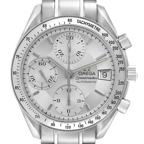 The Omega Speedmaster watch is shown from a front angle, displaying the dial, subdials, tachymeter, and bracelet.