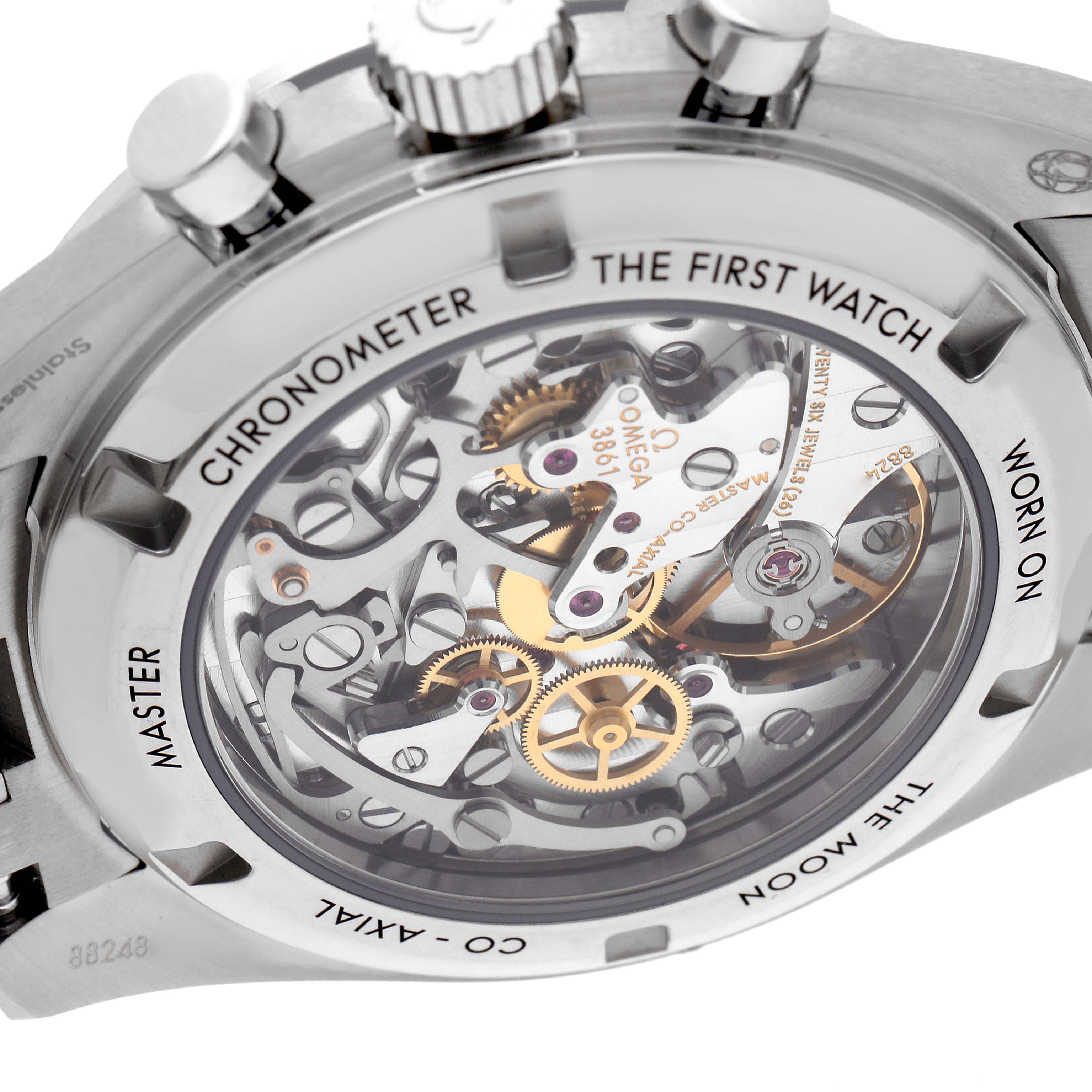 The Omega Speedmaster 310.30.42.50.04.001 Men's Stainless Steel White Dial 310.30.42.50.04.001 Men's Stainless Steel White Dial watch is shown from the back, highlighting its transparent case and visible movement gears.