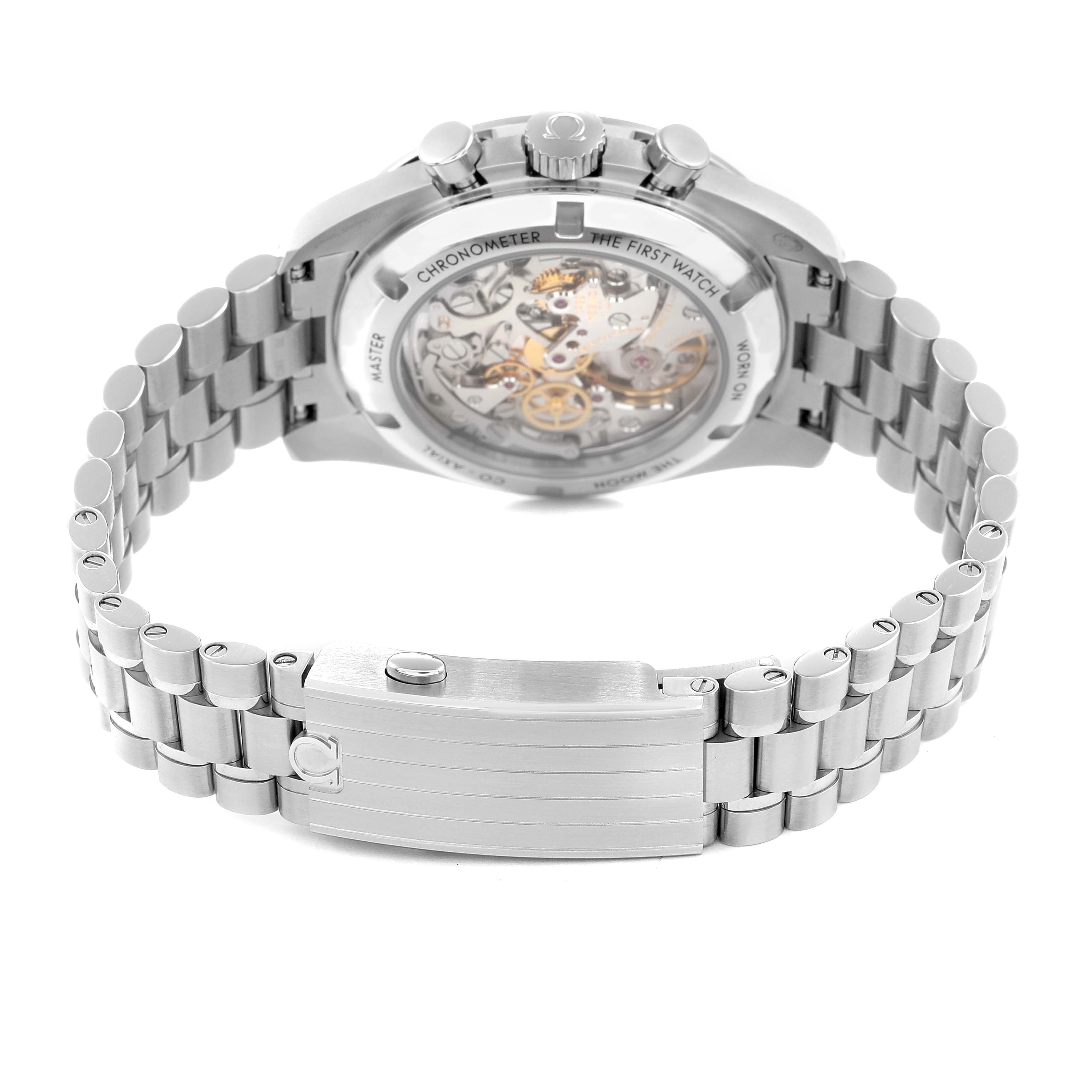 The Omega Speedmaster 310.30.42.50.04.001 Men's Stainless Steel White Dial 310.30.42.50.04.001 Men's Stainless Steel White Dial is shown from the backside, revealing the movement and stainless steel bracelet.