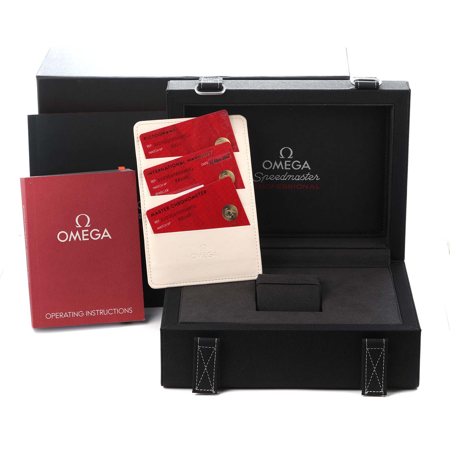 The image shows the Omega Speedmaster 310.30.42.50.04.001 Men's Stainless Steel White Dial 310.30.42.50.04.001 Men's Stainless Steel White Dial box, warranty cards, card holder, and an operating manual.