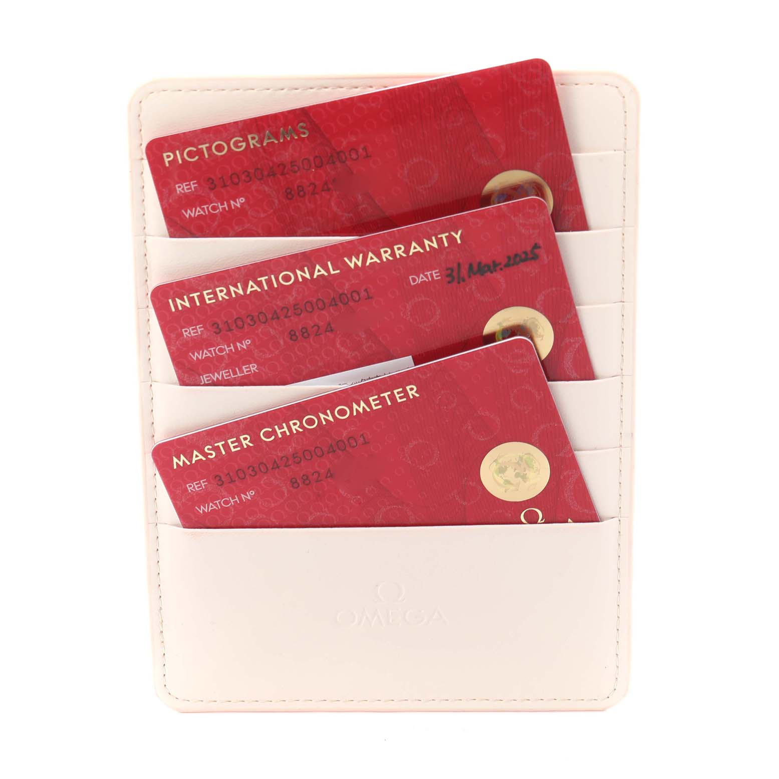 The image shows the warranty and certification cards for an Omega Speedmaster 310.30.42.50.04.001 Men's Stainless Steel White Dial 310.30.42.50.04.001 Men's Stainless Steel White Dial, held in a white cardholder.