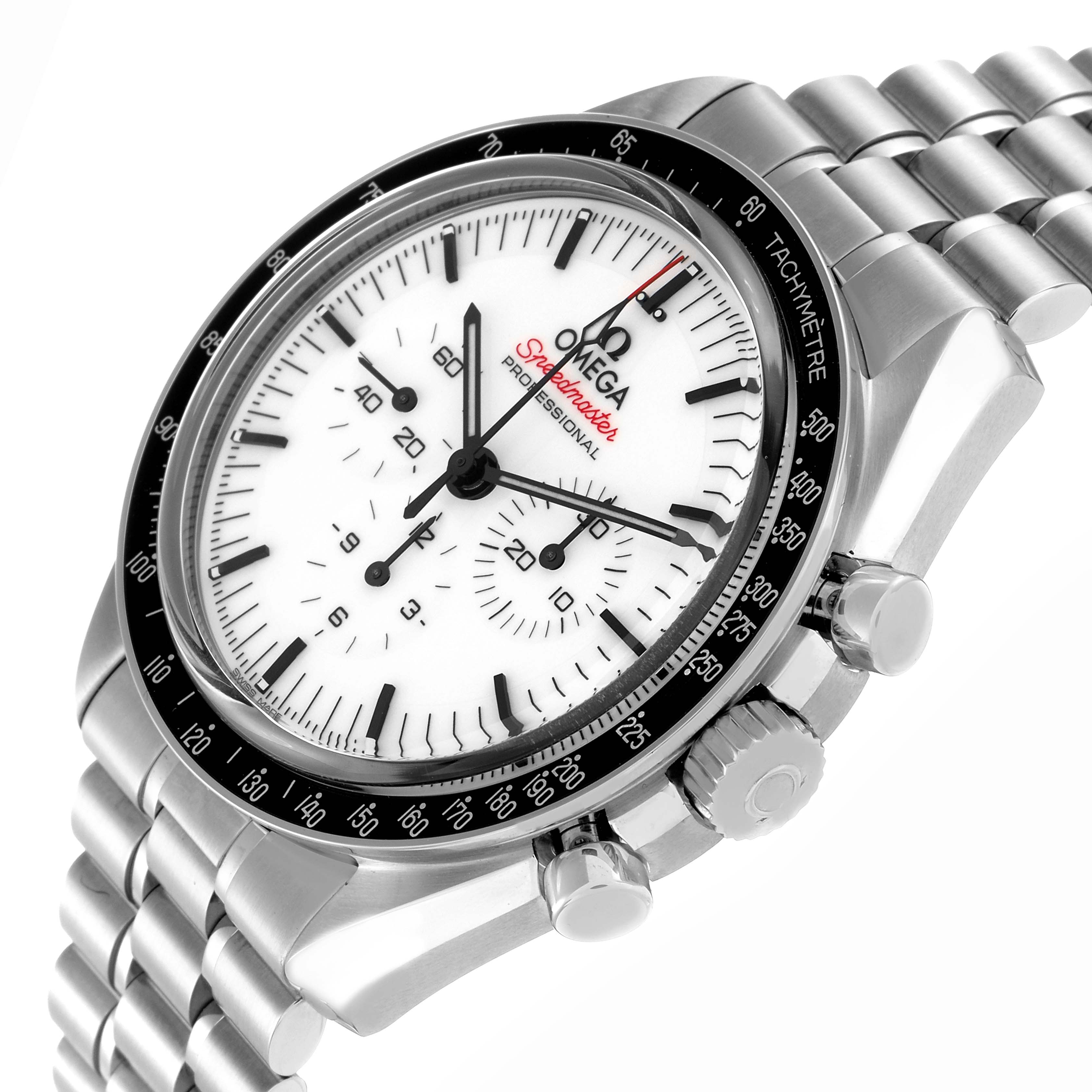 The Omega Speedmaster 310.30.42.50.04.001 Men's Stainless Steel White Dial 310.30.42.50.04.001 Men's Stainless Steel White Dial watch is shown at an angled view, displaying the face, bezel, crown, pushers, and part of the bracelet.