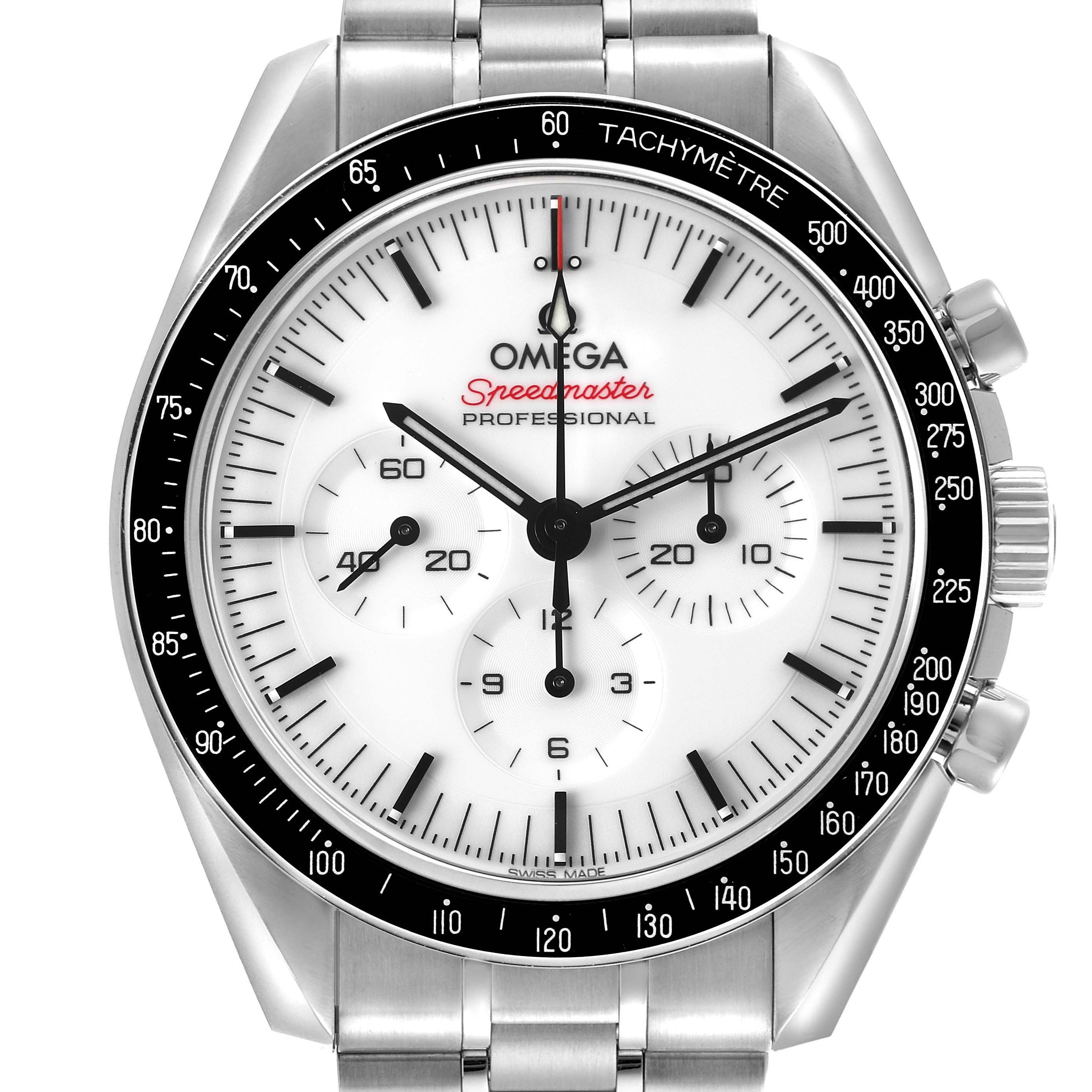 The Omega Speedmaster 310.30.42.50.04.001 Men's Stainless Steel White Dial 310.30.42.50.04.001 Men's Stainless Steel White Dial watch is shown from the front, displaying the dial, bezel, and part of the bracelet.