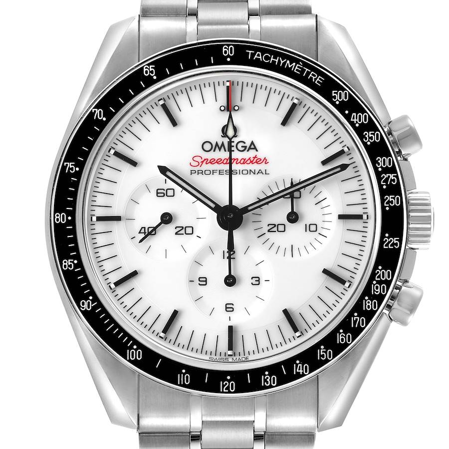 The Omega Speedmaster watch is shown from the front, displaying the dial, bezel, and part of the bracelet.