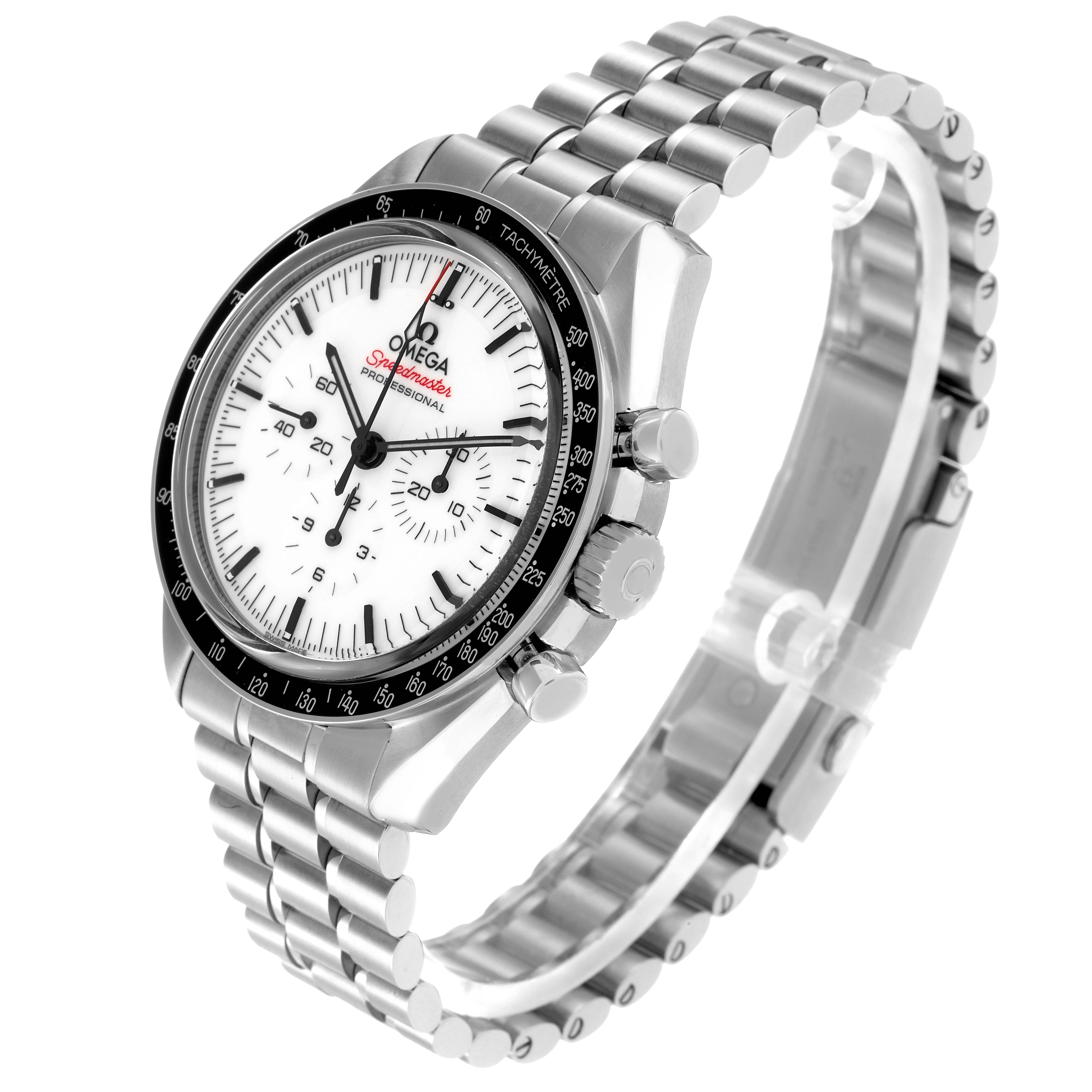 The Omega Speedmaster 310.30.42.50.04.001 Men's Stainless Steel White Dial 310.30.42.50.04.001 Men's Stainless Steel White Dial watch is shown at a three-quarter angle, displaying the dial, bezel, and full bracelet.
