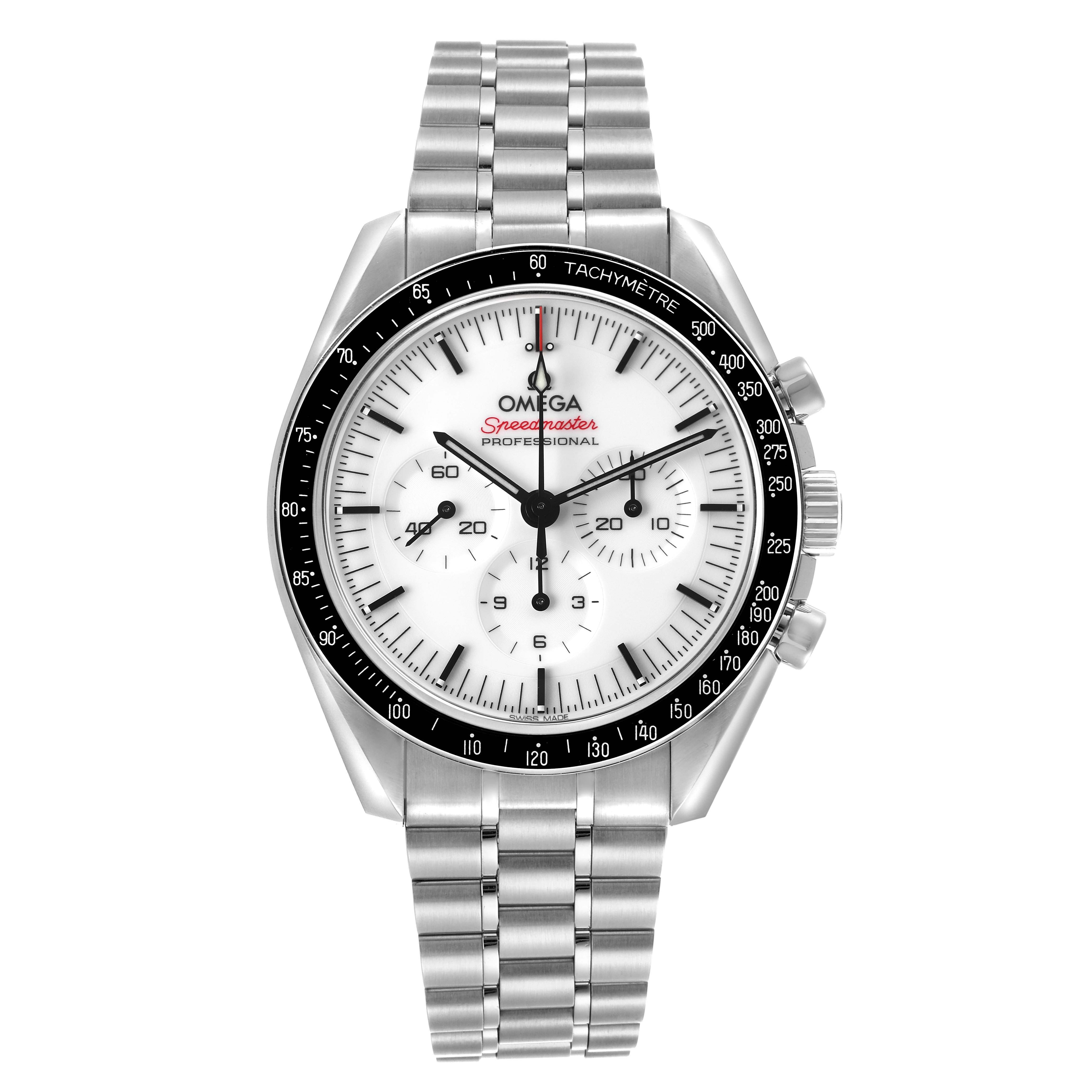 The Omega Speedmaster 310.30.42.50.04.001 Men's Stainless Steel White Dial 310.30.42.50.04.001 Men's Stainless Steel White Dial watch is shown from a front angle, displaying the face, tachymeter bezel, and metal bracelet.