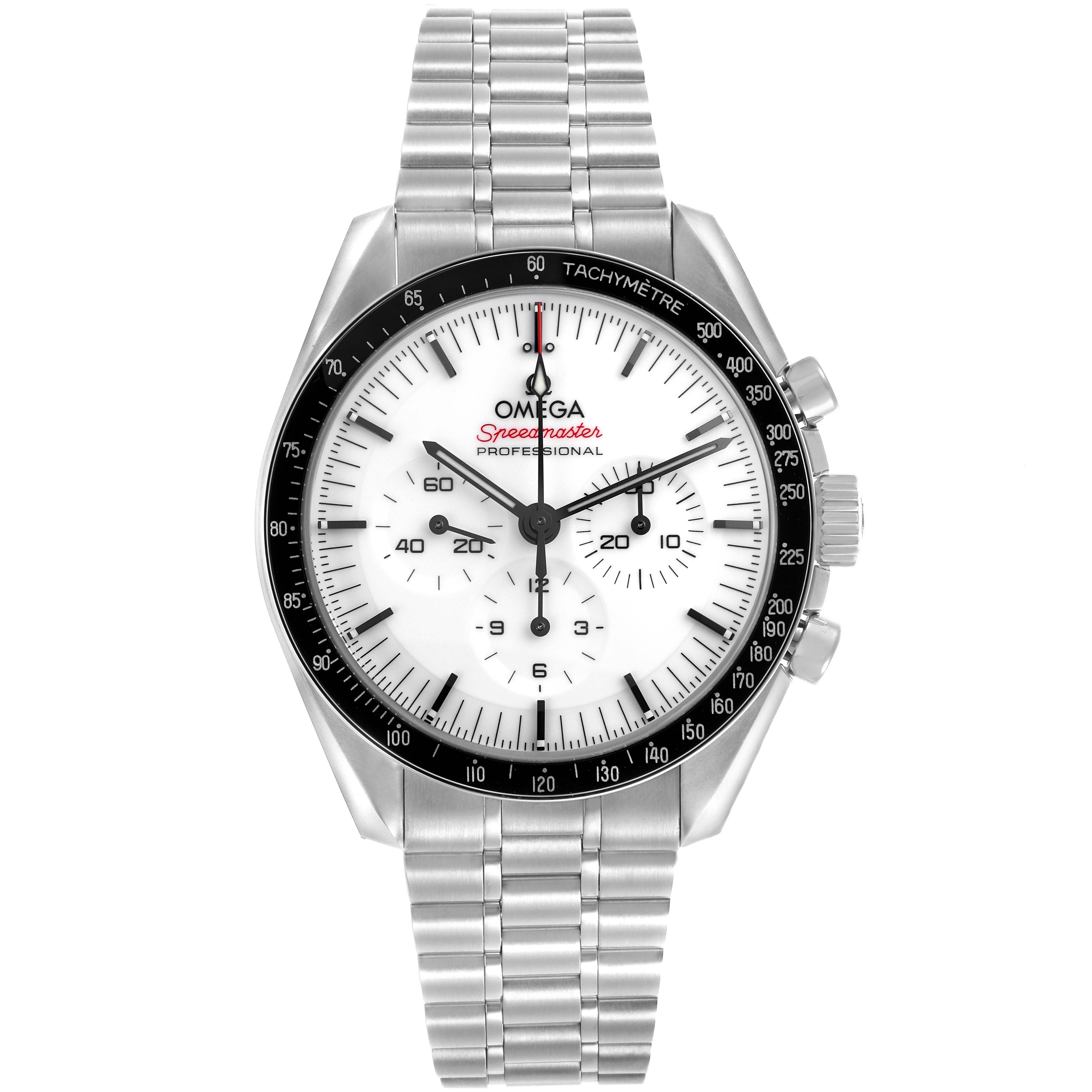 The Omega Speedmaster 310.30.42.50.04.001 Men's Stainless Steel White Dial 310.30.42.50.04.001 Men's Stainless Steel White Dial watch is shown from the front, displaying its face, bezel, and metal bracelet.