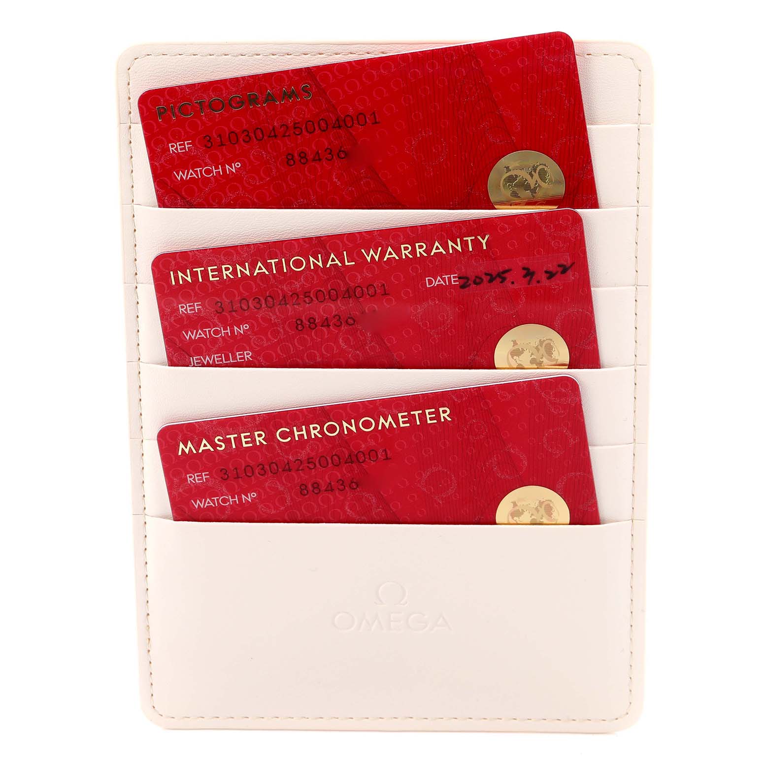 The image shows Omega Speedmaster 310.30.42.50.04.001 Men's Stainless Steel White Dial 310.30.42.50.04.001 Men's Stainless Steel White Dial model cards for pictograms, warranty, and master chronometer in a white wallet.