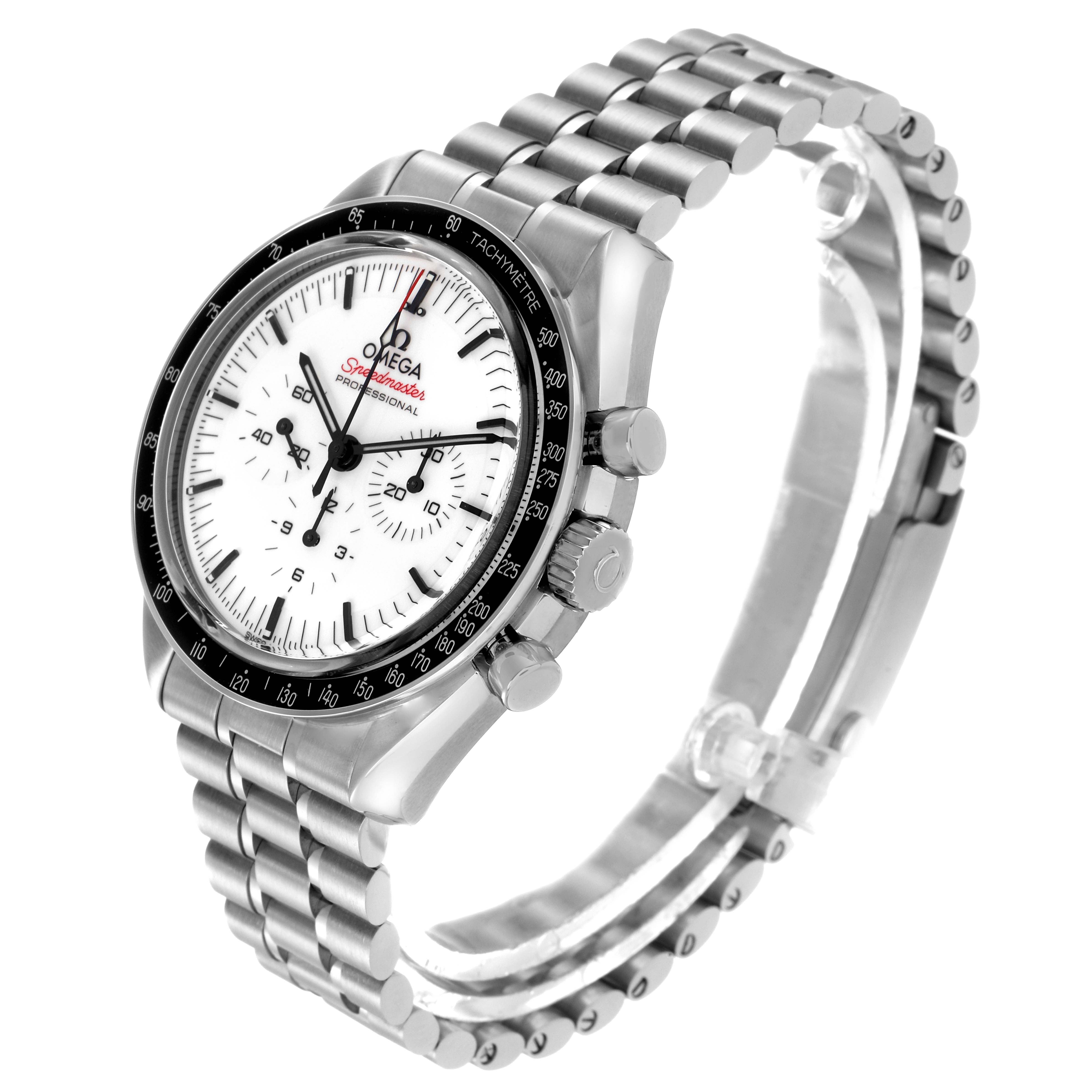 The Omega Speedmaster 310.30.42.50.04.001 Men's Stainless Steel White Dial 310.30.42.50.04.001 Men's Stainless Steel White Dial watch is shown in a three-quarter angle, displaying the face, bezel, side pushers, and metal bracelet.