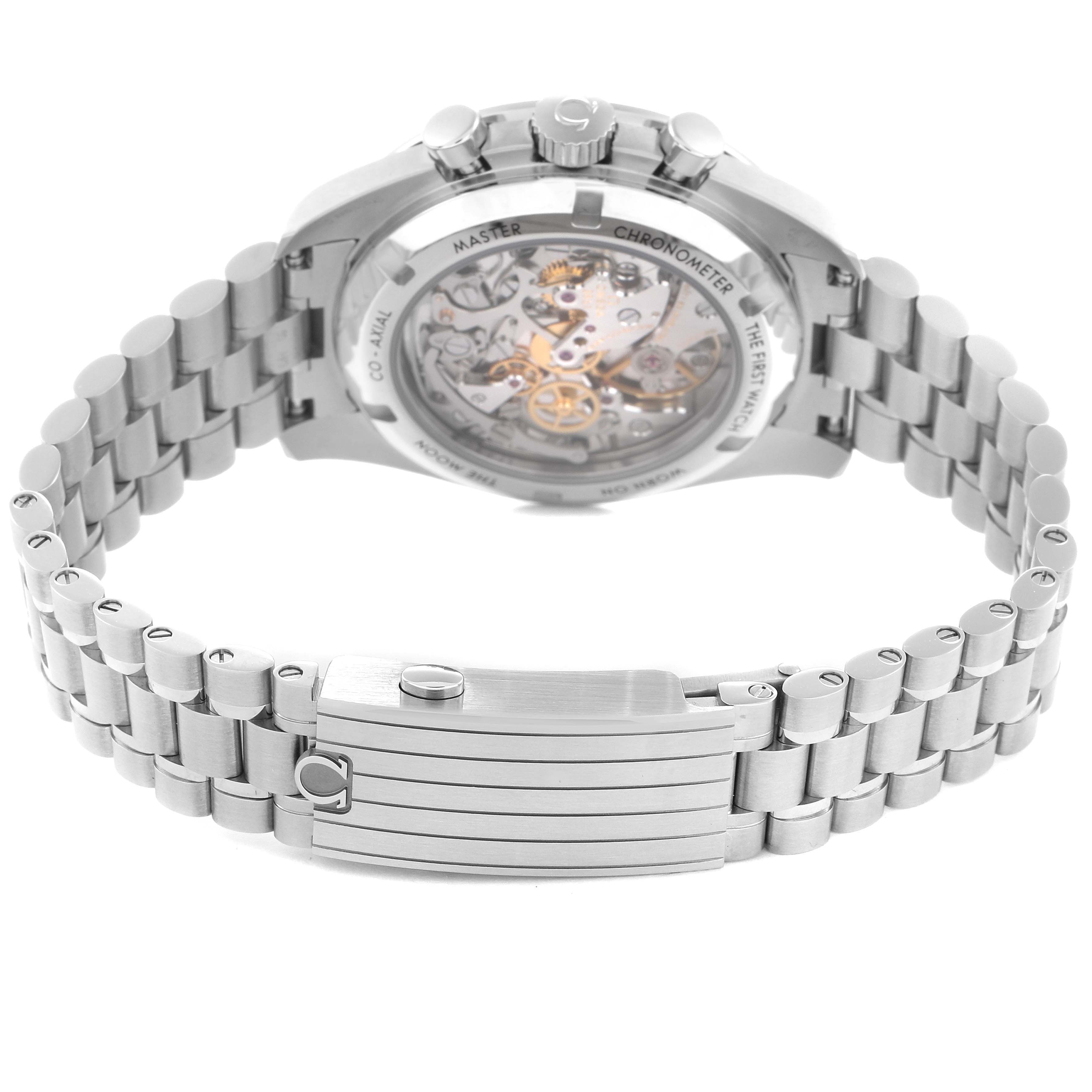 The Omega Speedmaster 310.30.42.50.04.001 Men's Stainless Steel White Dial 310.30.42.50.04.001 Men's Stainless Steel White Dial is shown from the back, highlighting its transparent case back and metal bracelet with clasp.