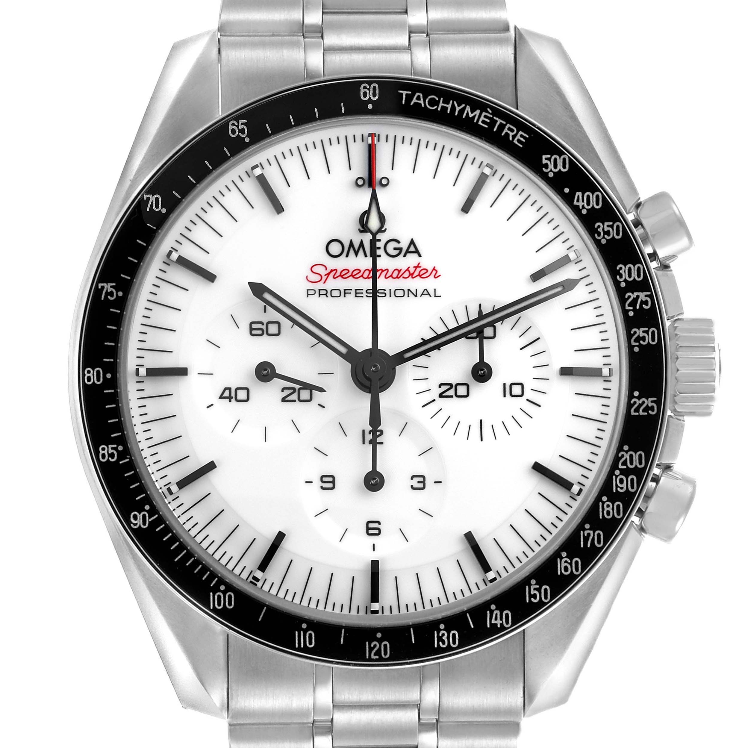 The Omega Speedmaster 310.30.42.50.04.001 Men's Stainless Steel White Dial 310.30.42.50.04.001 Men's Stainless Steel White Dial watch is shown from the front, displaying the face, tachymeter bezel, and pushers.