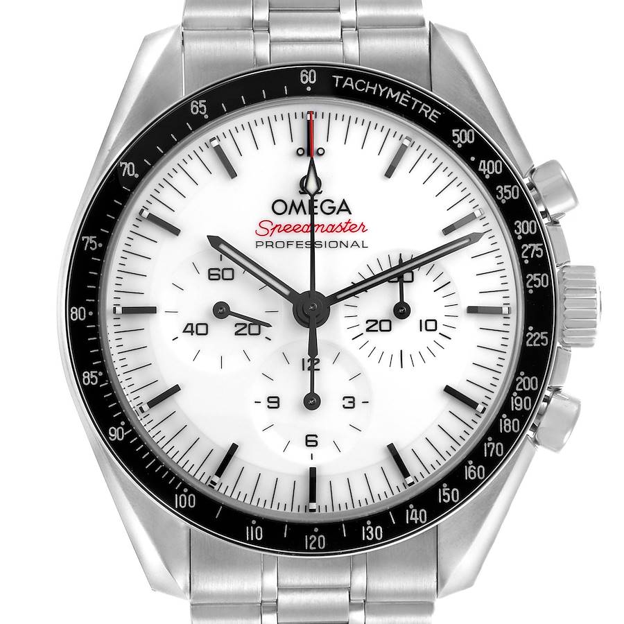 The Omega Speedmaster watch is shown from the front, displaying the face, tachymeter bezel, and pushers.