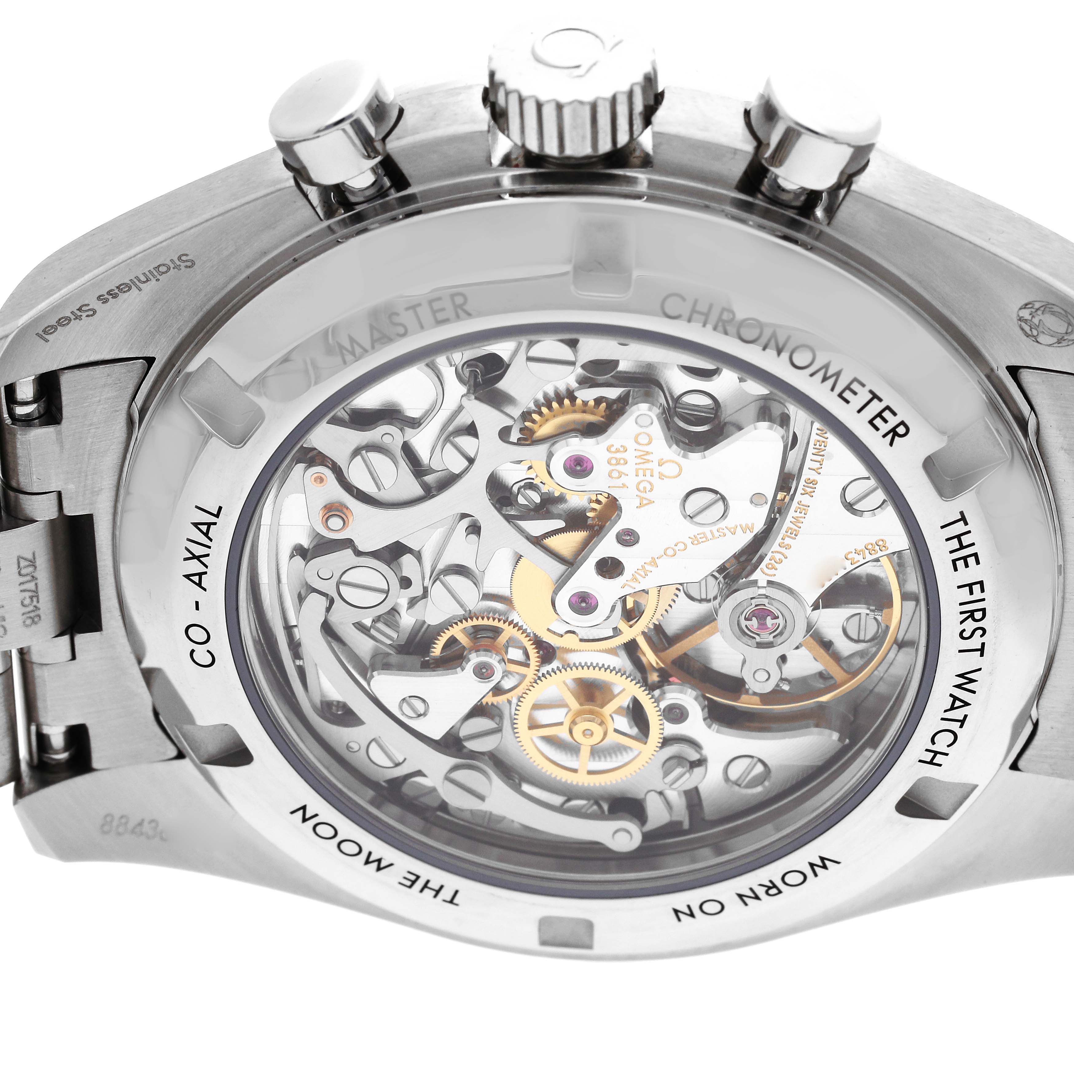 The image shows the back view of an Omega Speedmaster 310.30.42.50.04.001 Men's Stainless Steel White Dial 310.30.42.50.04.001 Men's Stainless Steel White Dial watch, highlighting its movement and co-axial mechanism.