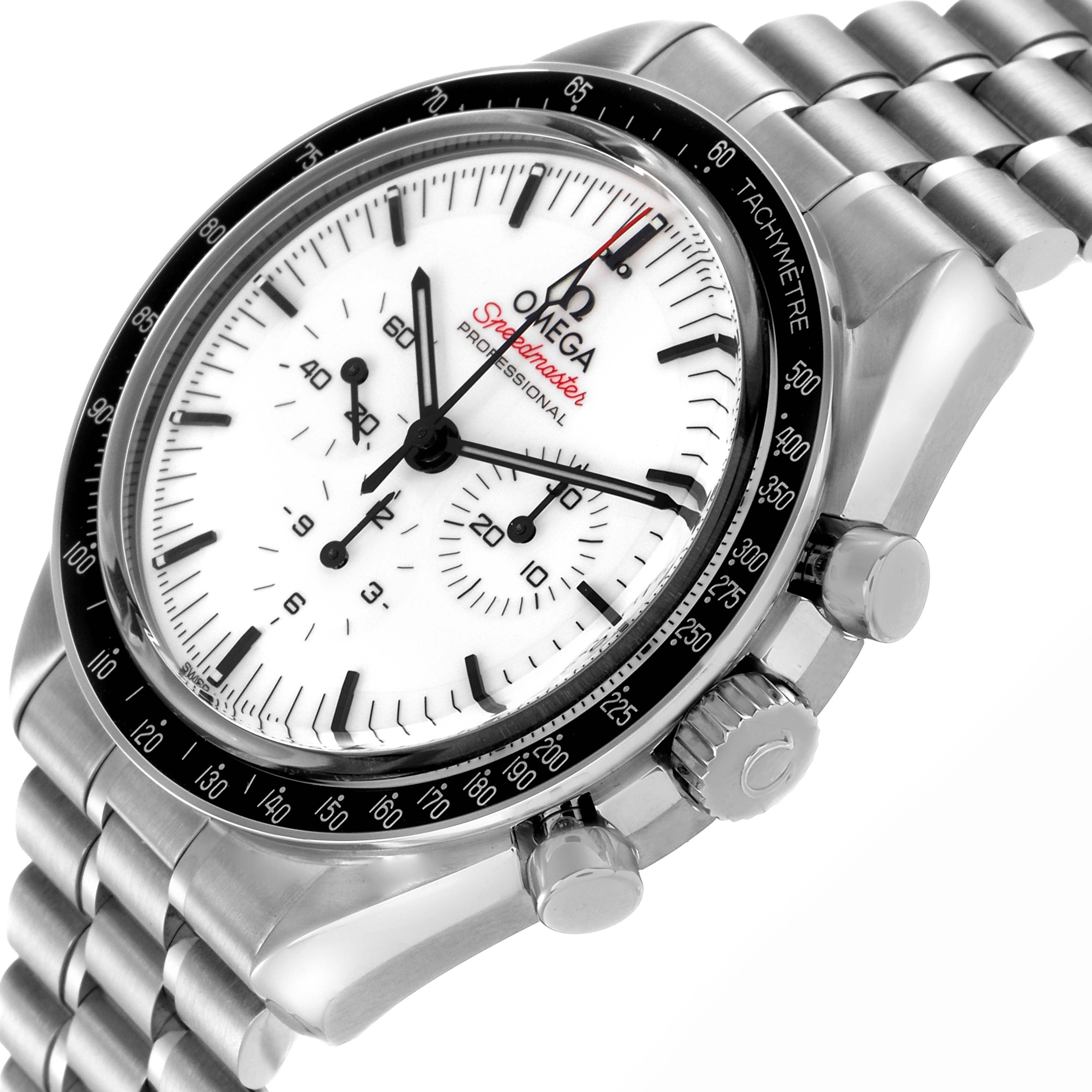 The Omega Speedmaster 310.30.42.50.04.001 Men's Stainless Steel White Dial 310.30.42.50.04.001 Men's Stainless Steel White Dial watch is shown at an angled close-up, highlighting the dial, tachymeter bezel, crown, and pushers.