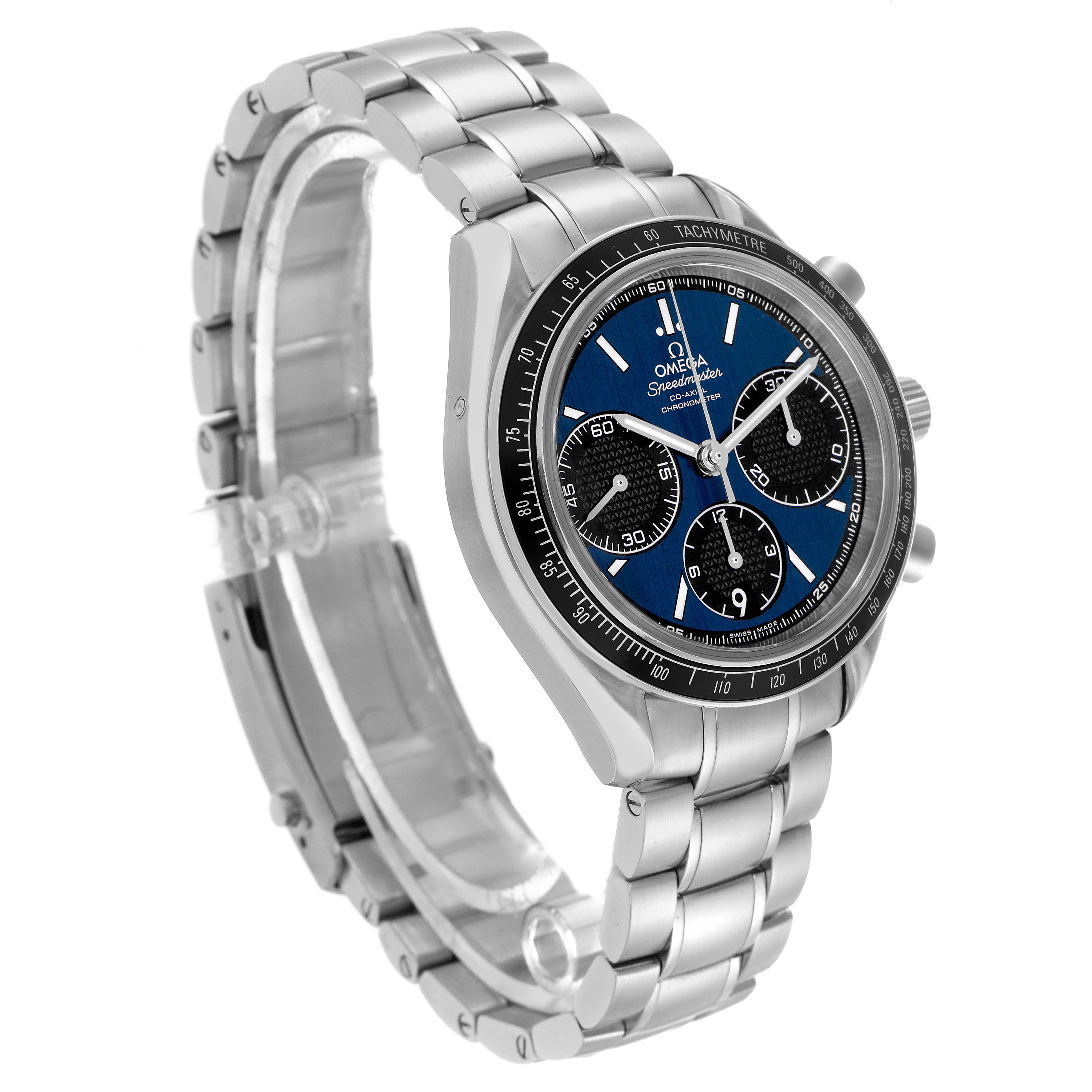 The Omega Speedmaster 326.30.40.50.03.001 Men's Stainless Steel Blue Dial 326.30.40.50.03.001 Men's Stainless Steel Blue Dial watch is shown at a three-quarter angle, highlighting the face, bezel, and stainless steel bracelet.