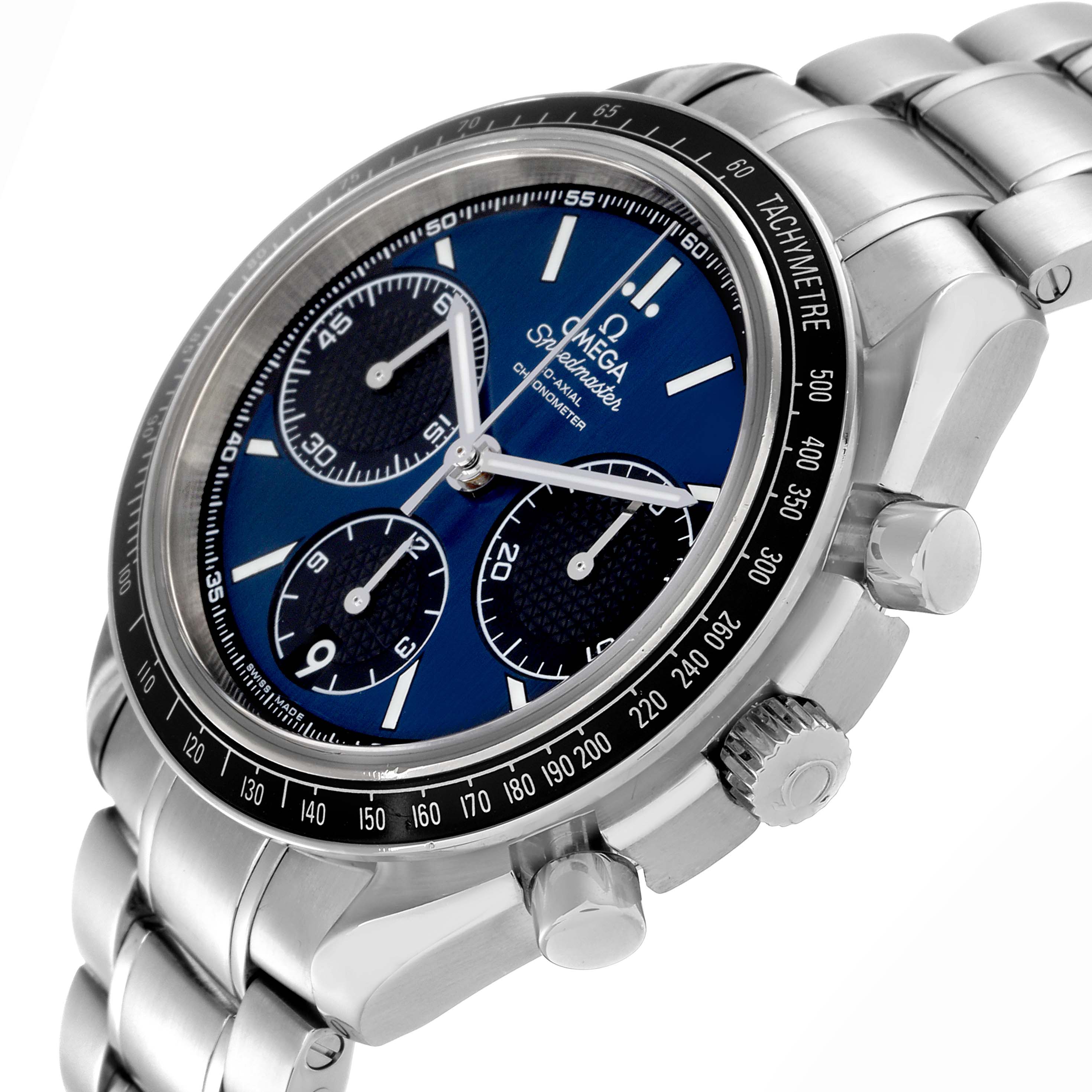 The Omega Speedmaster 326.30.40.50.03.001 Men's Stainless Steel Blue Dial 326.30.40.50.03.001 Men's Stainless Steel Blue Dial watch is shown at a three-quarter angle, highlighting the dial, subdials, and bracelet.