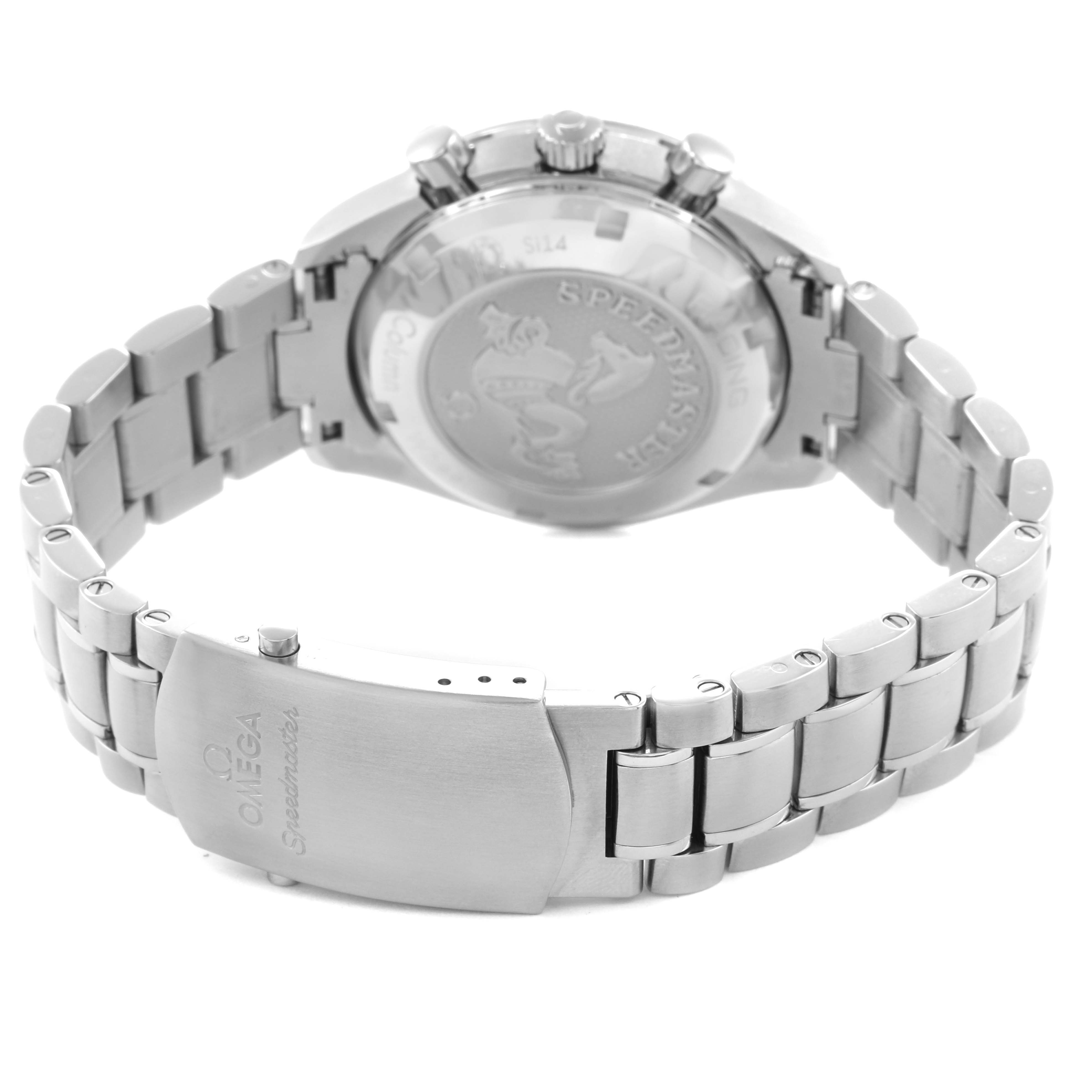 The Omega Speedmaster 326.30.40.50.03.001 Men's Stainless Steel Blue Dial 326.30.40.50.03.001 Men's Stainless Steel Blue Dial watch is shown from the rear, highlighting the case back, clasp, and bracelet links.