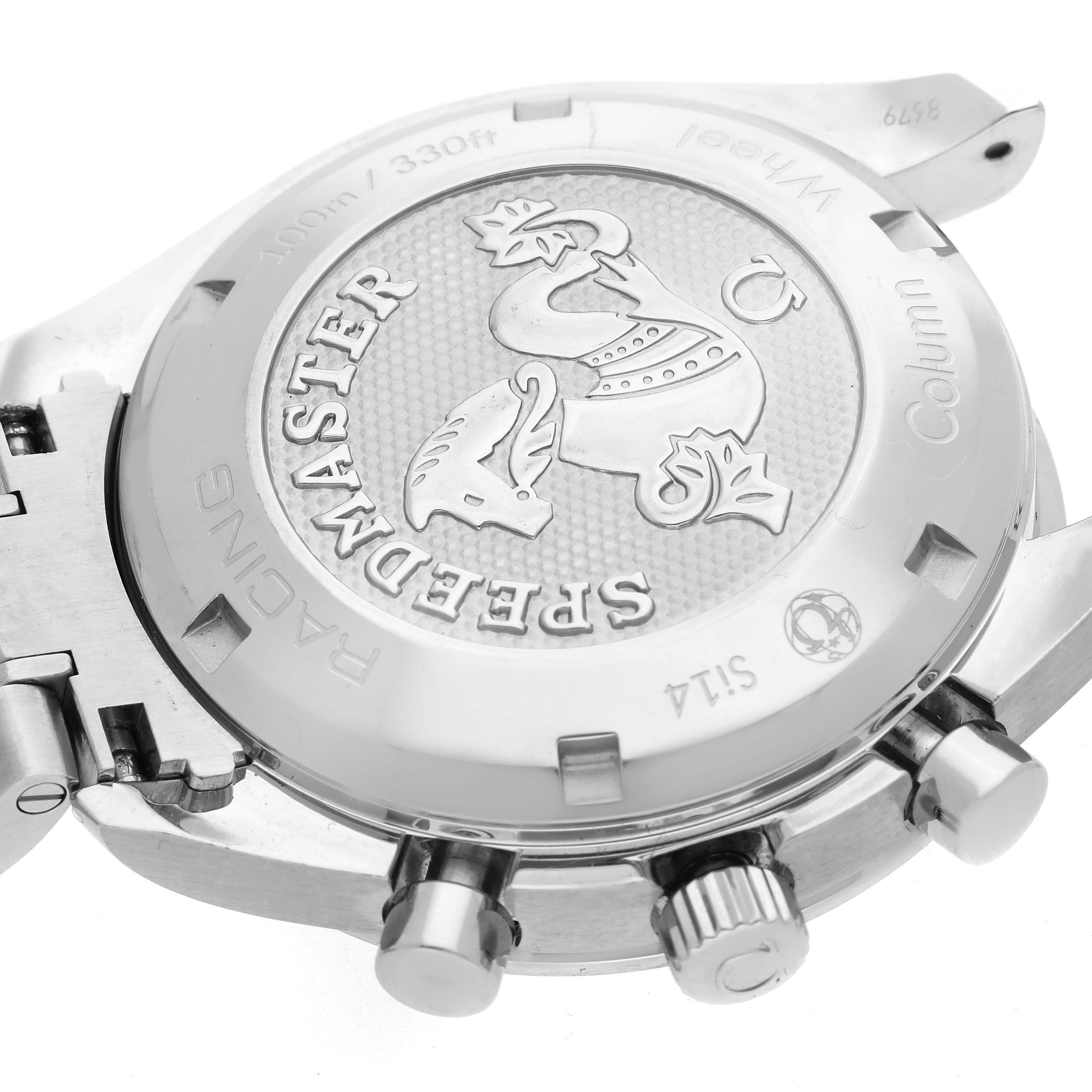 The image shows the case back and crown side of the Omega Speedmaster 326.30.40.50.03.001 Men's Stainless Steel Blue Dial 326.30.40.50.03.001 Men's Stainless Steel Blue Dial, featuring its branded engravings and pushers.