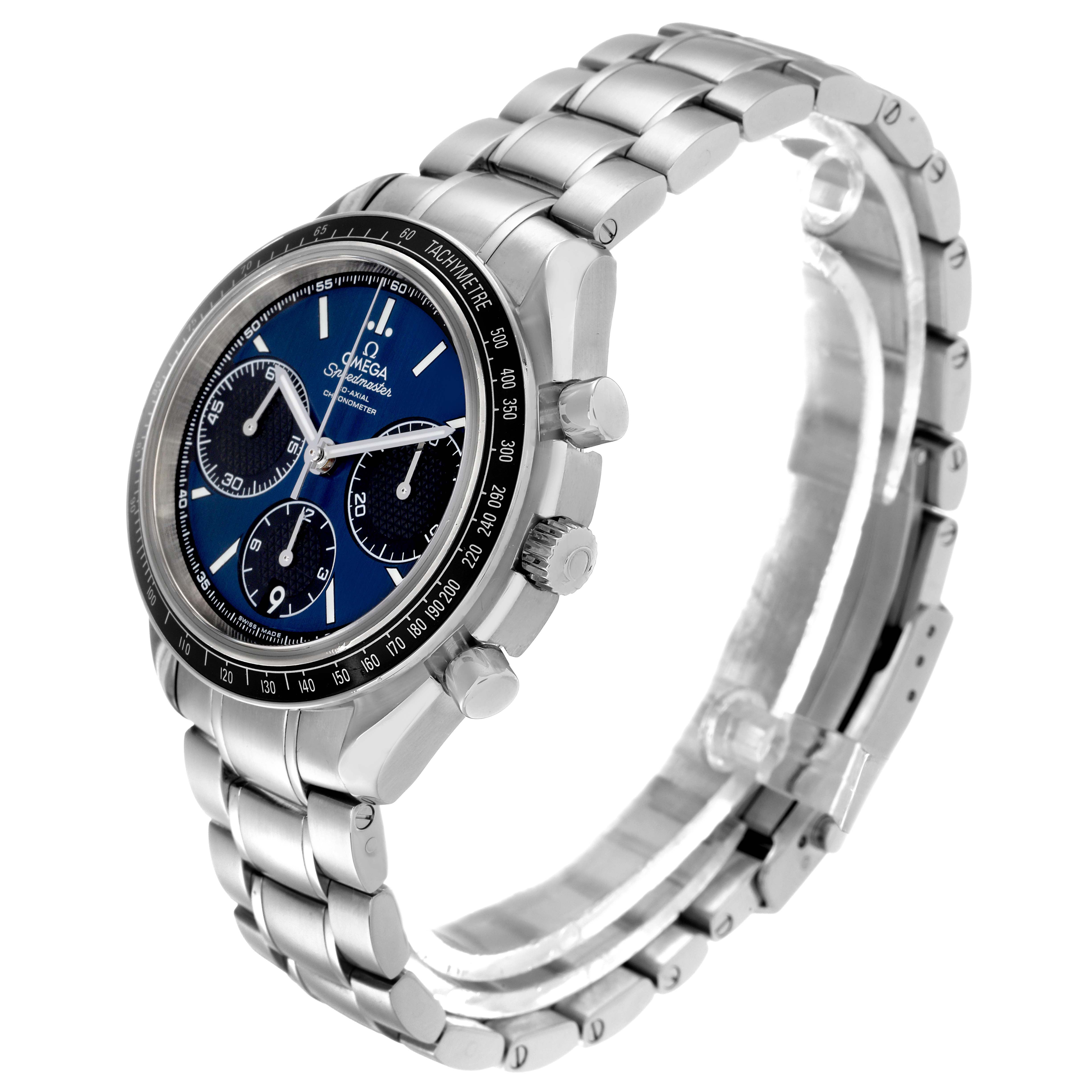 The Omega Speedmaster 326.30.40.50.03.001 Men's Stainless Steel Blue Dial 326.30.40.50.03.001 Men's Stainless Steel Blue Dial watch is shown at a slight side angle, highlighting the face, bezel, and metal bracelet.