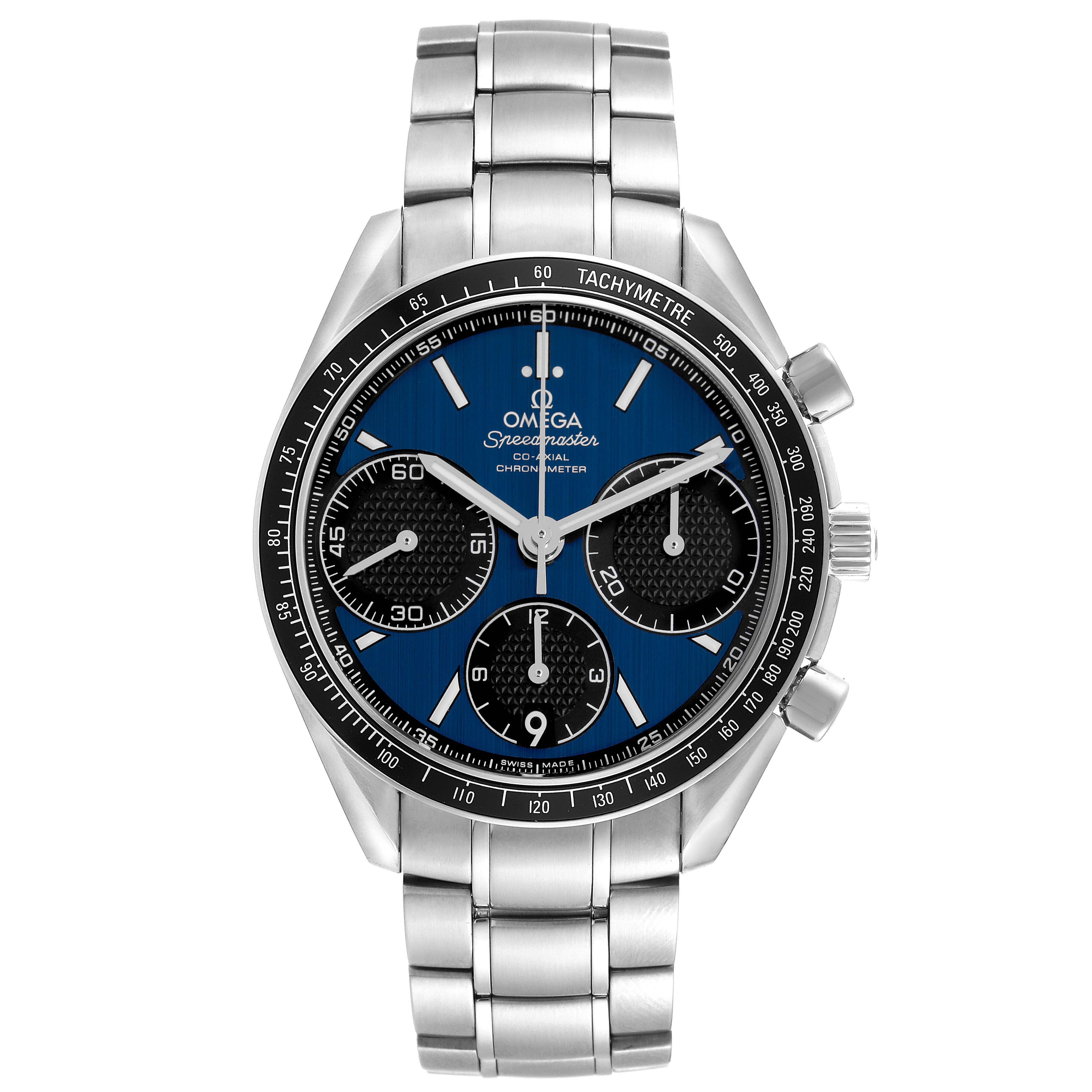 The Omega Speedmaster 326.30.40.50.03.001 Men's Stainless Steel Blue Dial 326.30.40.50.03.001 Men's Stainless Steel Blue Dial is shown from a front angle, highlighting the dial, tachymeter bezel, and bracelet.