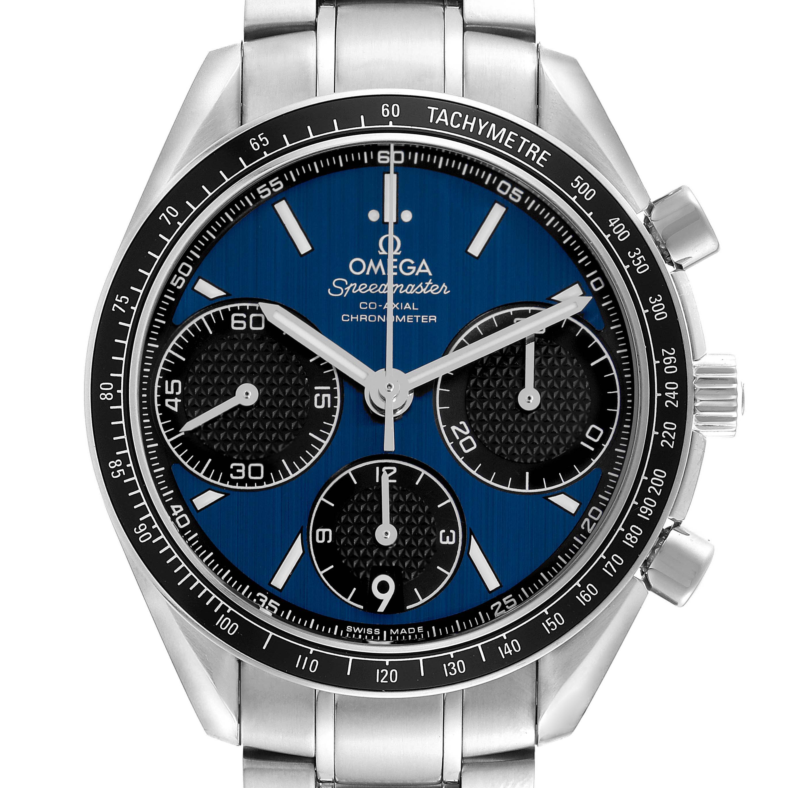 The Omega Speedmaster 326.30.40.50.03.001 Men's Stainless Steel Blue Dial 326.30.40.50.03.001 Men's Stainless Steel Blue Dial watch is shown from the front, displaying the face, chronograph subdials, and tachymeter bezel.