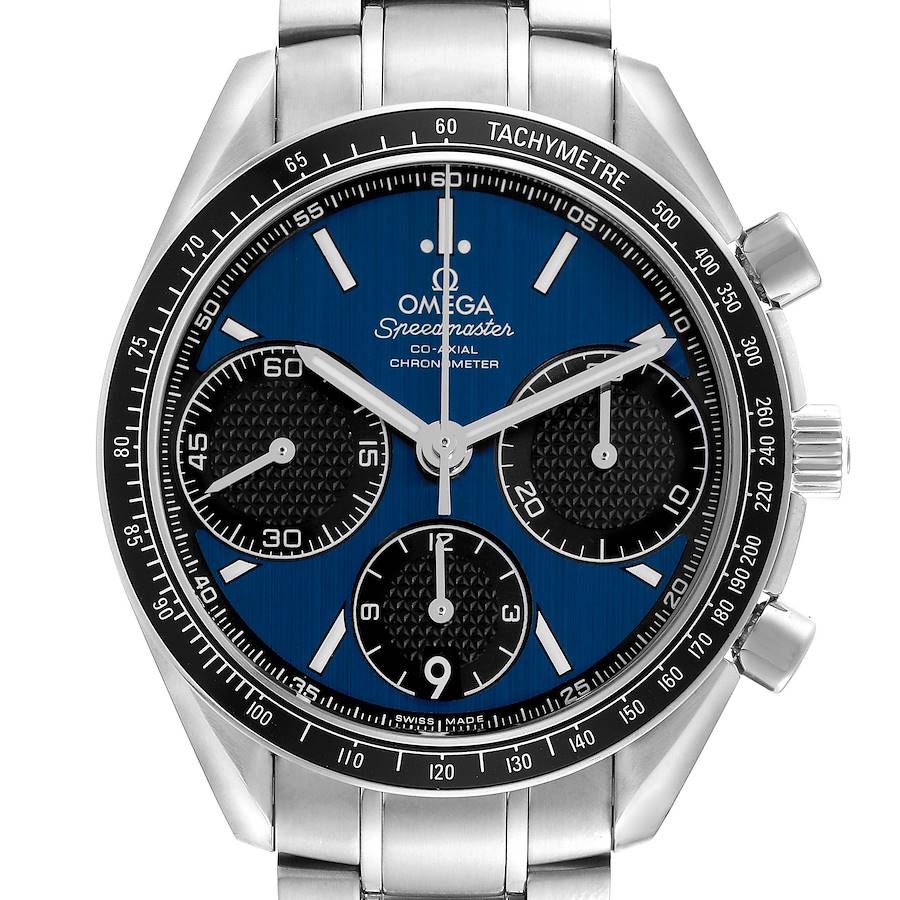 The Omega Speedmaster watch is shown from the front, displaying the face, chronograph subdials, and tachymeter bezel.