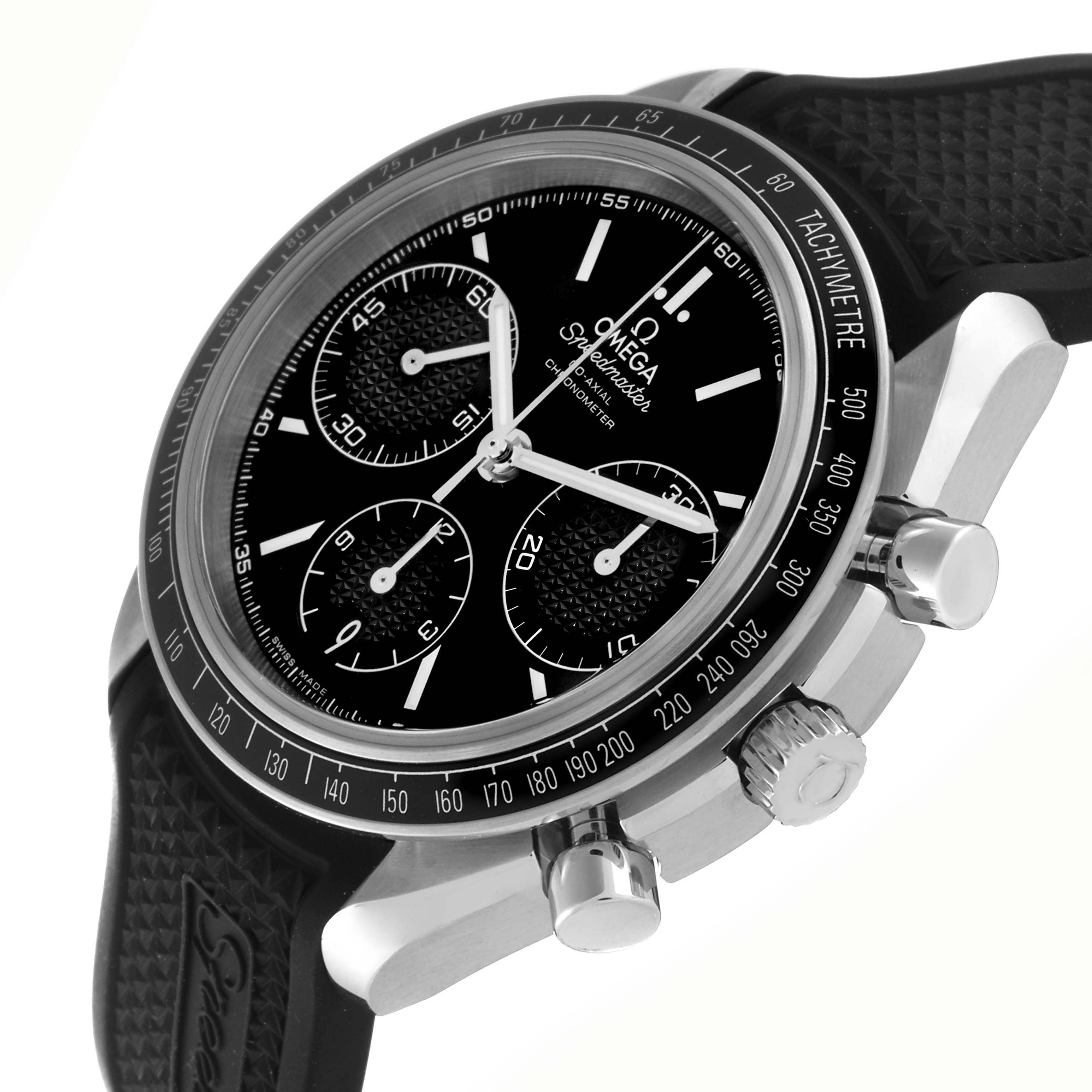 The Omega Speedmaster 326.32.40.50.01.001 Men's Stainless Steel Black Dial 326.32.40.50.01.001 Men's Stainless Steel Black Dial watch is shown at an angled side view featuring the face, chronograph sub-dials, bezel, crown, and pushers.