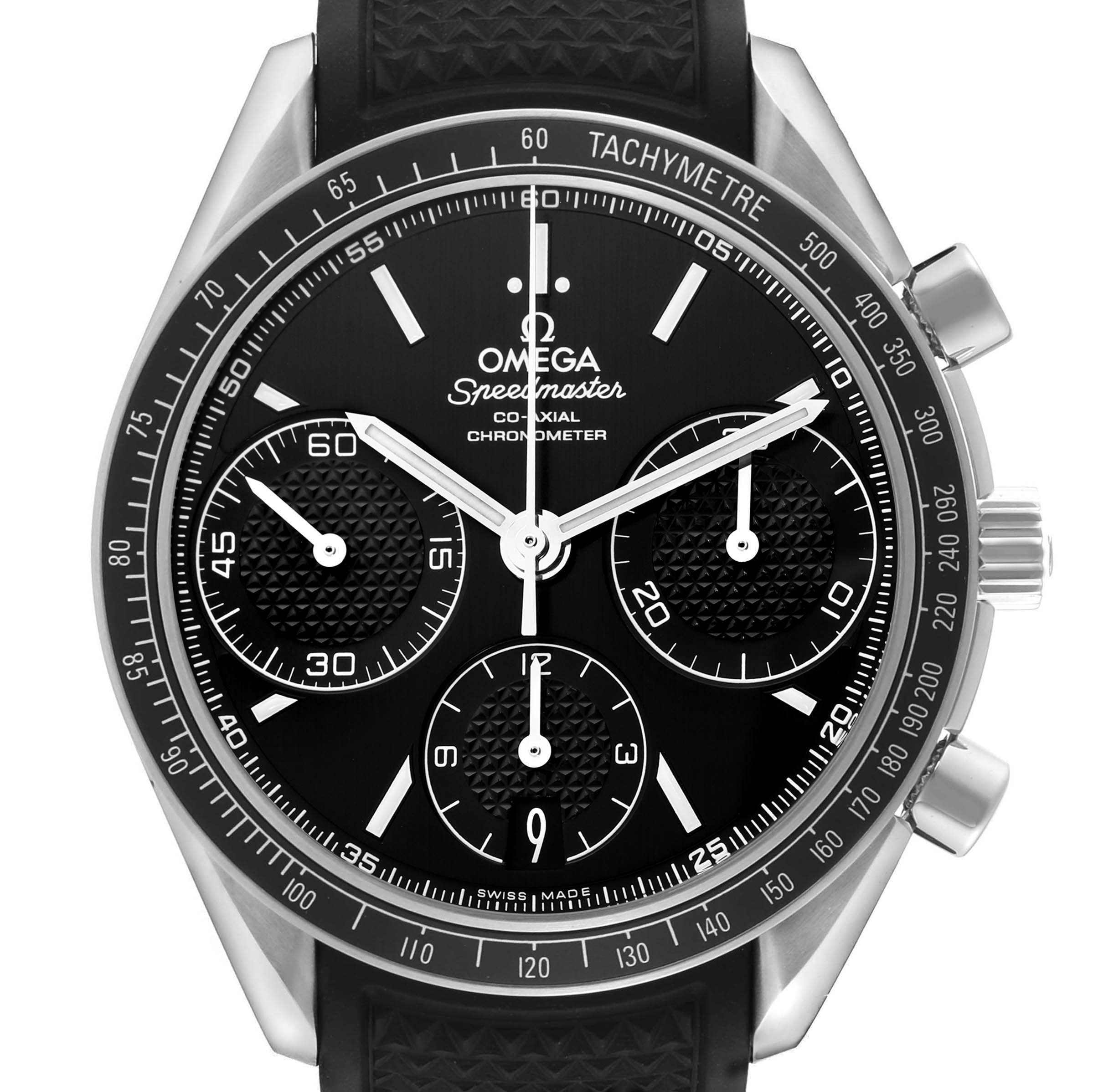 The Omega Speedmaster 326.32.40.50.01.001 Men's Stainless Steel Black Dial 326.32.40.50.01.001 Men's Stainless Steel Black Dial watch is shown from a front angle, displaying the dial, tachymeter bezel, and pushers on the side.