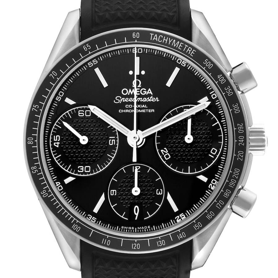 The Omega Speedmaster watch is shown from a front angle, displaying the dial, tachymeter bezel, and pushers on the side.