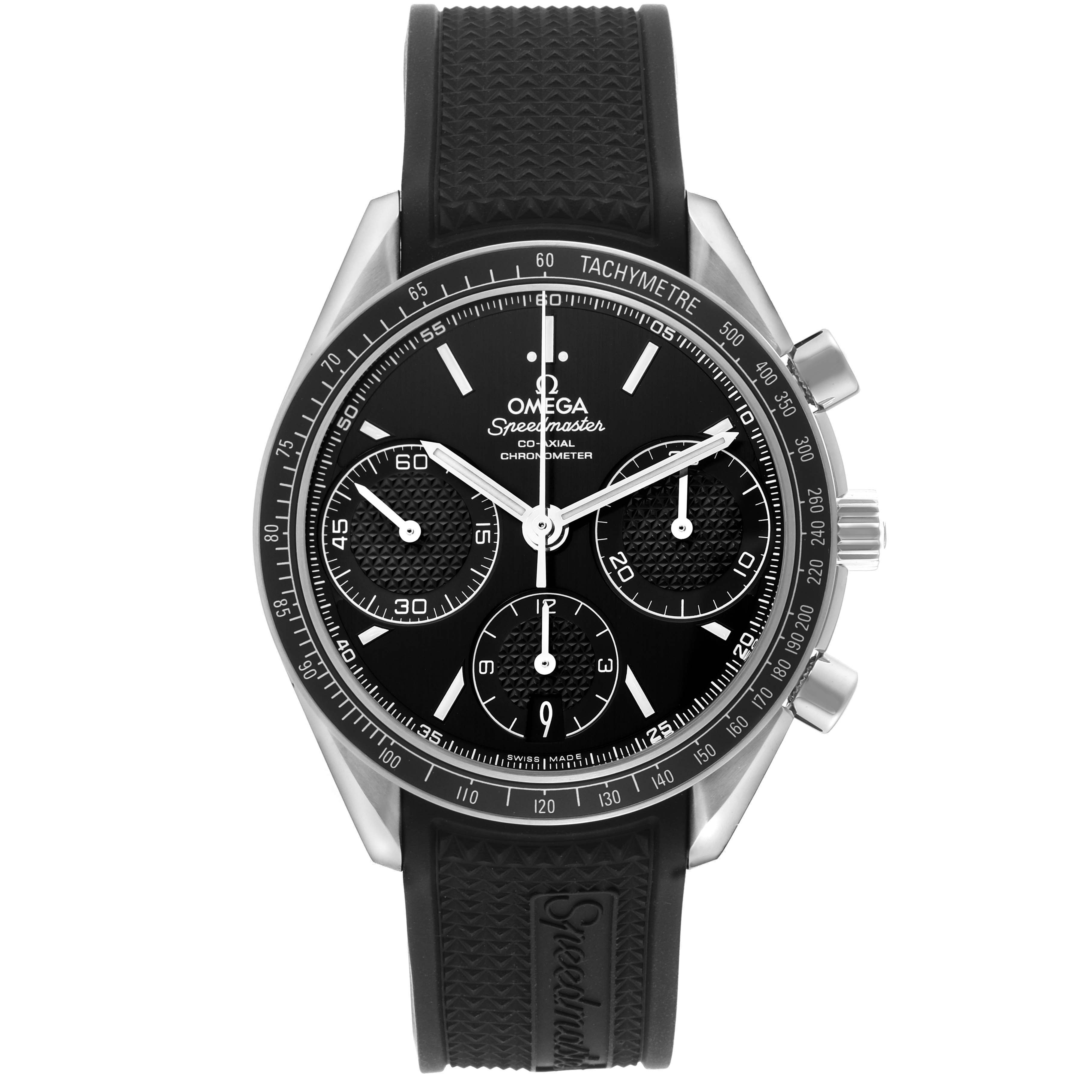 The Omega Speedmaster 326.32.40.50.01.001 Men's Stainless Steel Black Dial 326.32.40.50.01.001 Men's Stainless Steel Black Dial watch is shown from the front, featuring its black dial, tachymeter bezel, and rubber strap.