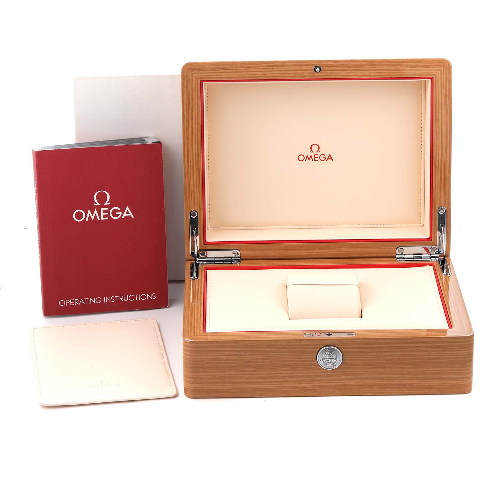 The image shows an Omega Speedmaster 326.32.40.50.01.001 Men's Stainless Steel Black Dial 326.32.40.50.01.001 Men's Stainless Steel Black Dial watch box, operating instructions, and a card holder from a top angle.