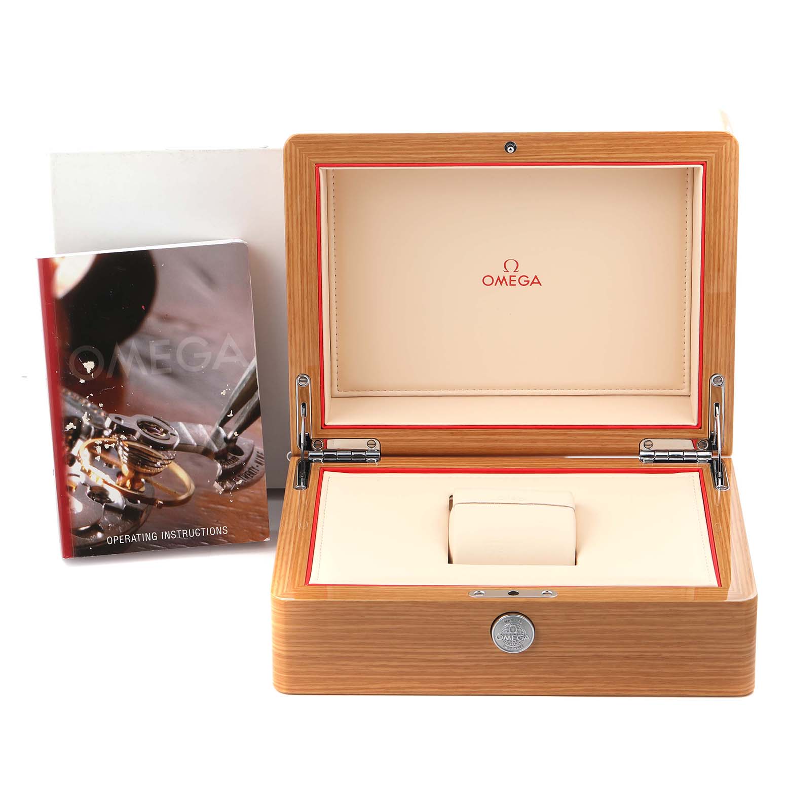 The image shows an open Omega Speedmaster 326.32.40.50.01.001 Men
s Stainless Steel Black Dial 326.32.40.50.01.001 Men
s Stainless Steel Black Dial watch box and an operating instructions booklet, viewed from the front.