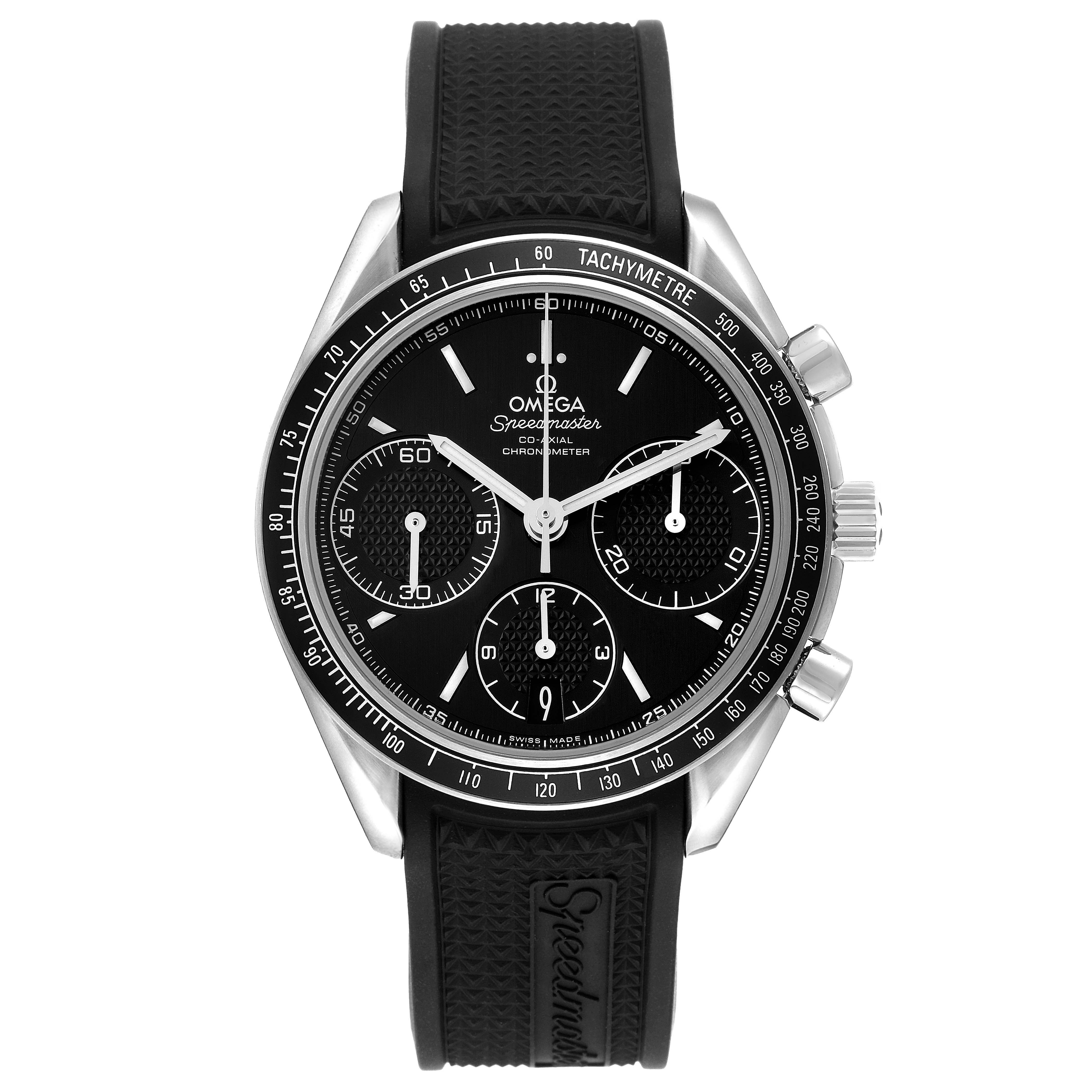 The Omega Speedmaster 326.32.40.50.01.001 Men
s Stainless Steel Black Dial 326.32.40.50.01.001 Men
s Stainless Steel Black Dial watch is shown from a front angle, highlighting the dial, bezel, subdials, and black strap.