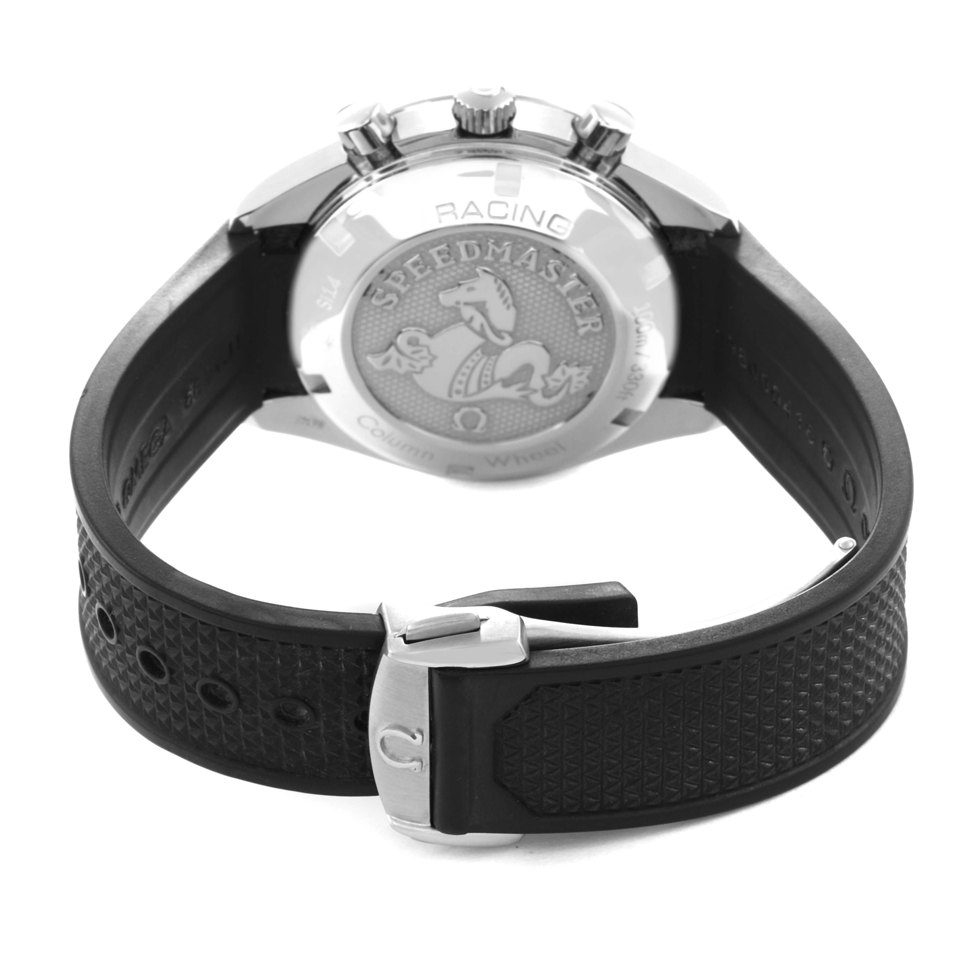 The Omega Speedmaster 326.32.40.50.01.001 Men
s Stainless Steel Black Dial 326.32.40.50.01.001 Men
s Stainless Steel Black Dial watch is shown from the back, highlighting the case back and textured black strap with a clasp.